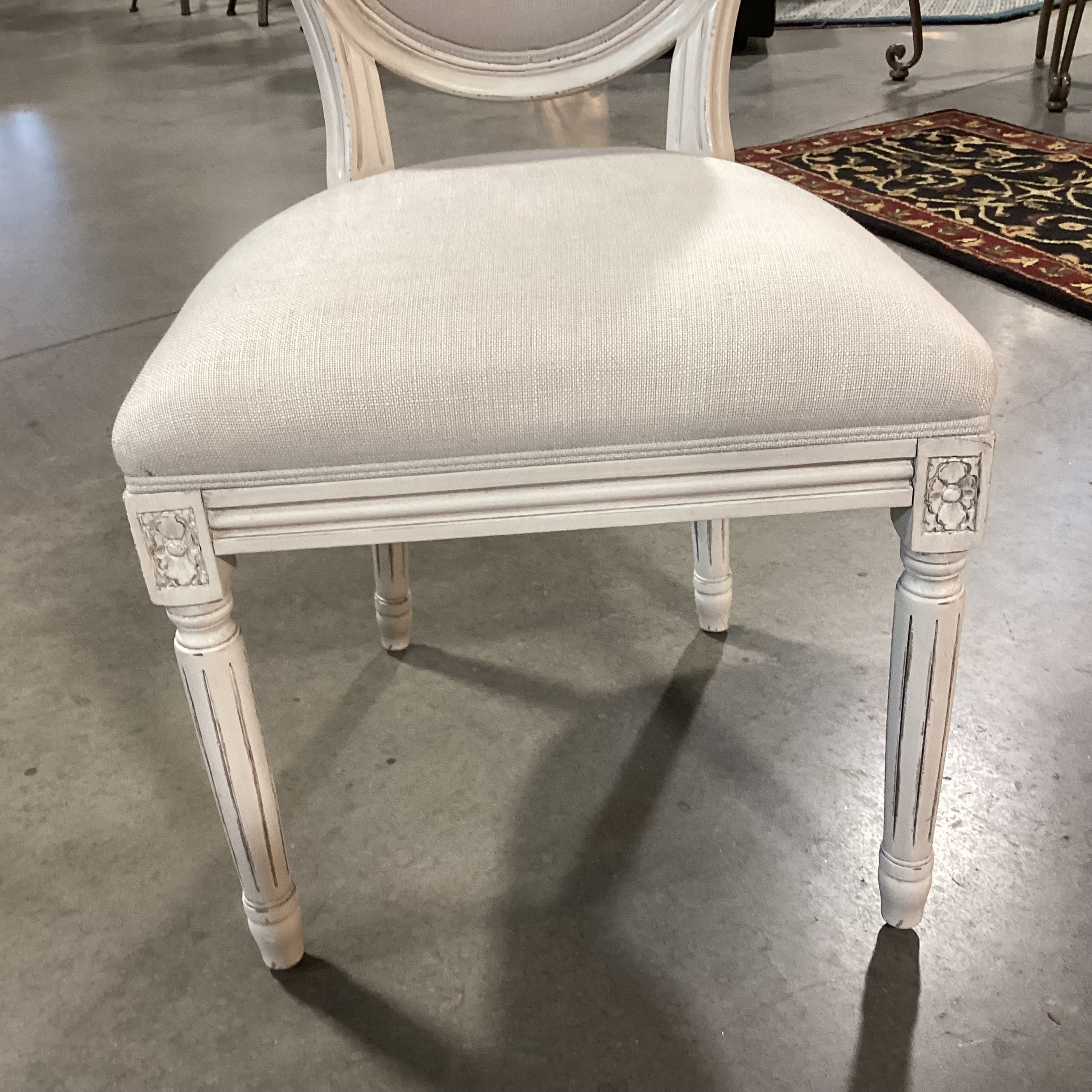 French Provincial Carved Antiqued White & Linen with Sequin Back Chair 20"x 24"x 39.5"