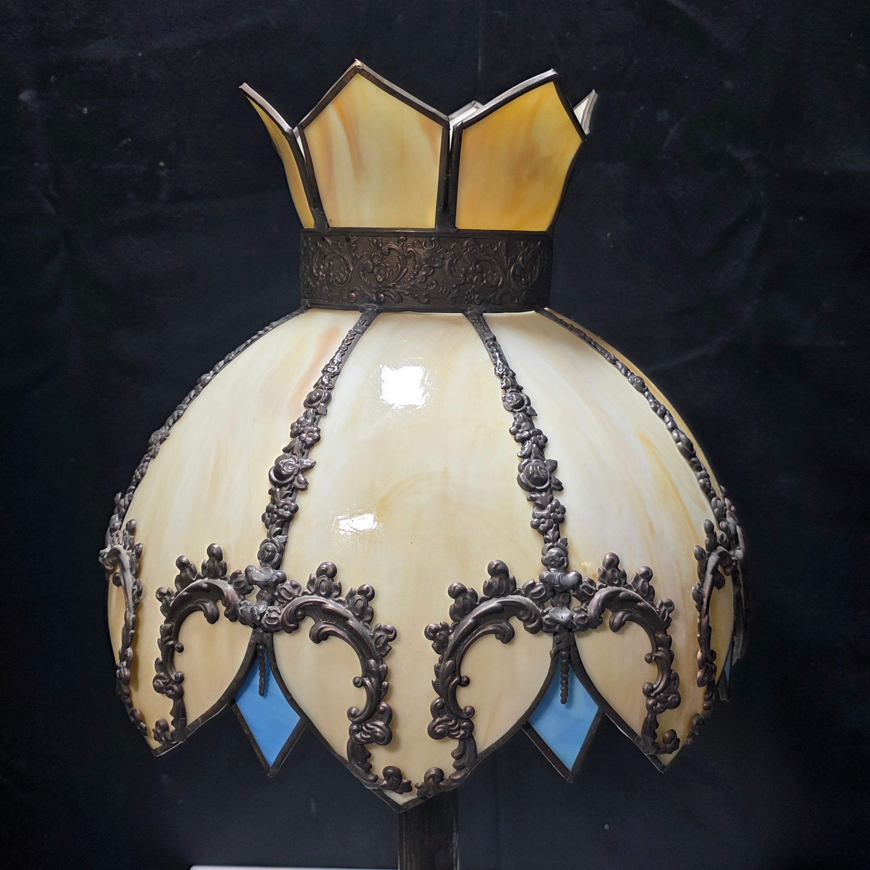 Unique Shape Antique Slag Glass (Cream, White & Blue) Tree Base Table Lamp 13.5"Dx26"