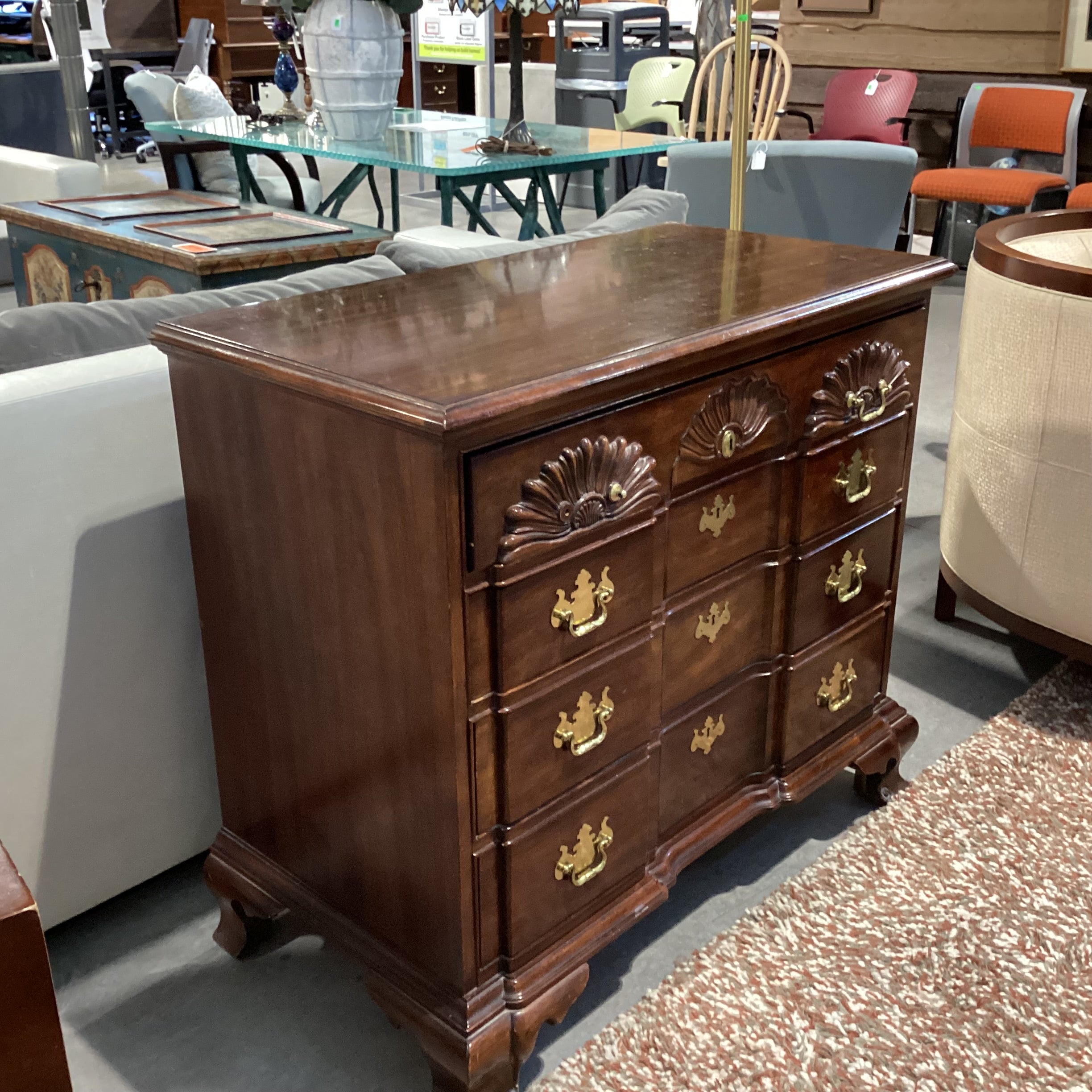 Thomasville The Mahogany Collection Ornate Carved with Brass 4 Drawer Chest 37.5"x 19.5"x 34"