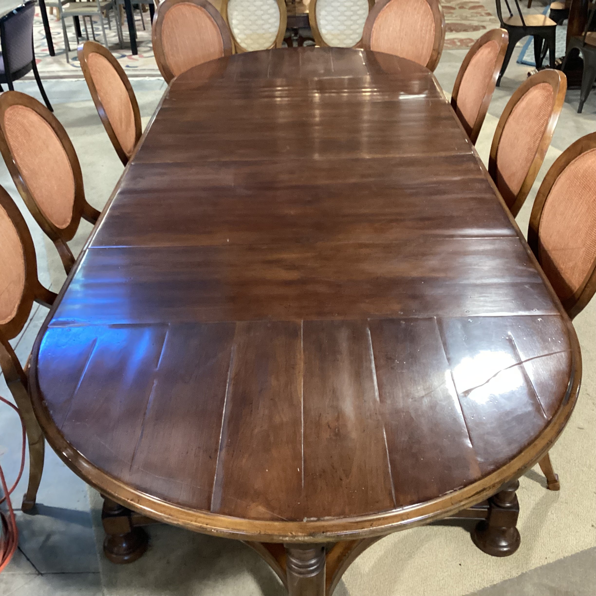 Drexel Heritage Carved Wood Oval 2 Leaves Table & 8 Oval Back Chairs Dining Set 76" to 124"x 48"x 30"