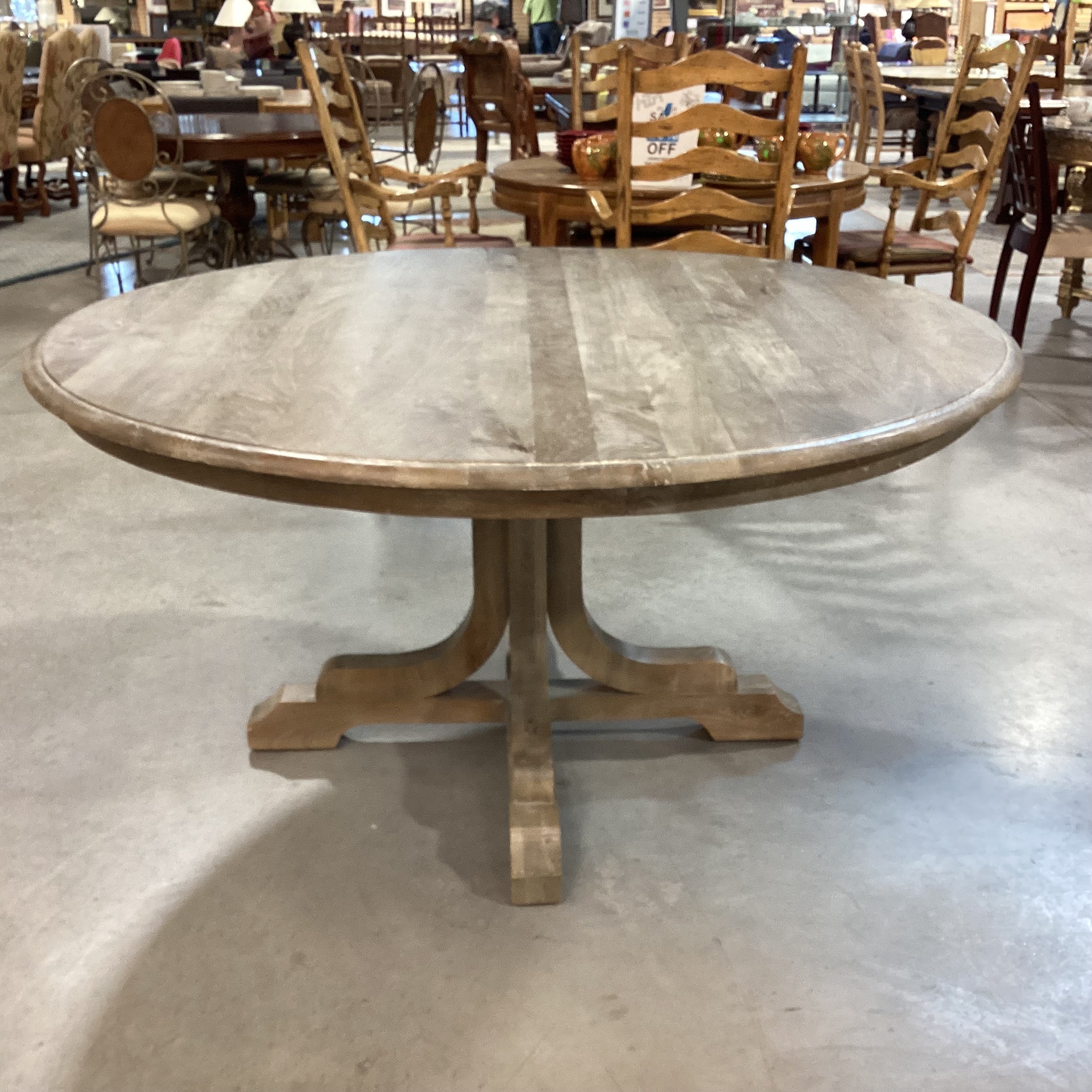 Pottery Barn Linden Grey Washed Mango Wood Round Pedestal Dining Table 60" Diameter x 30.5"