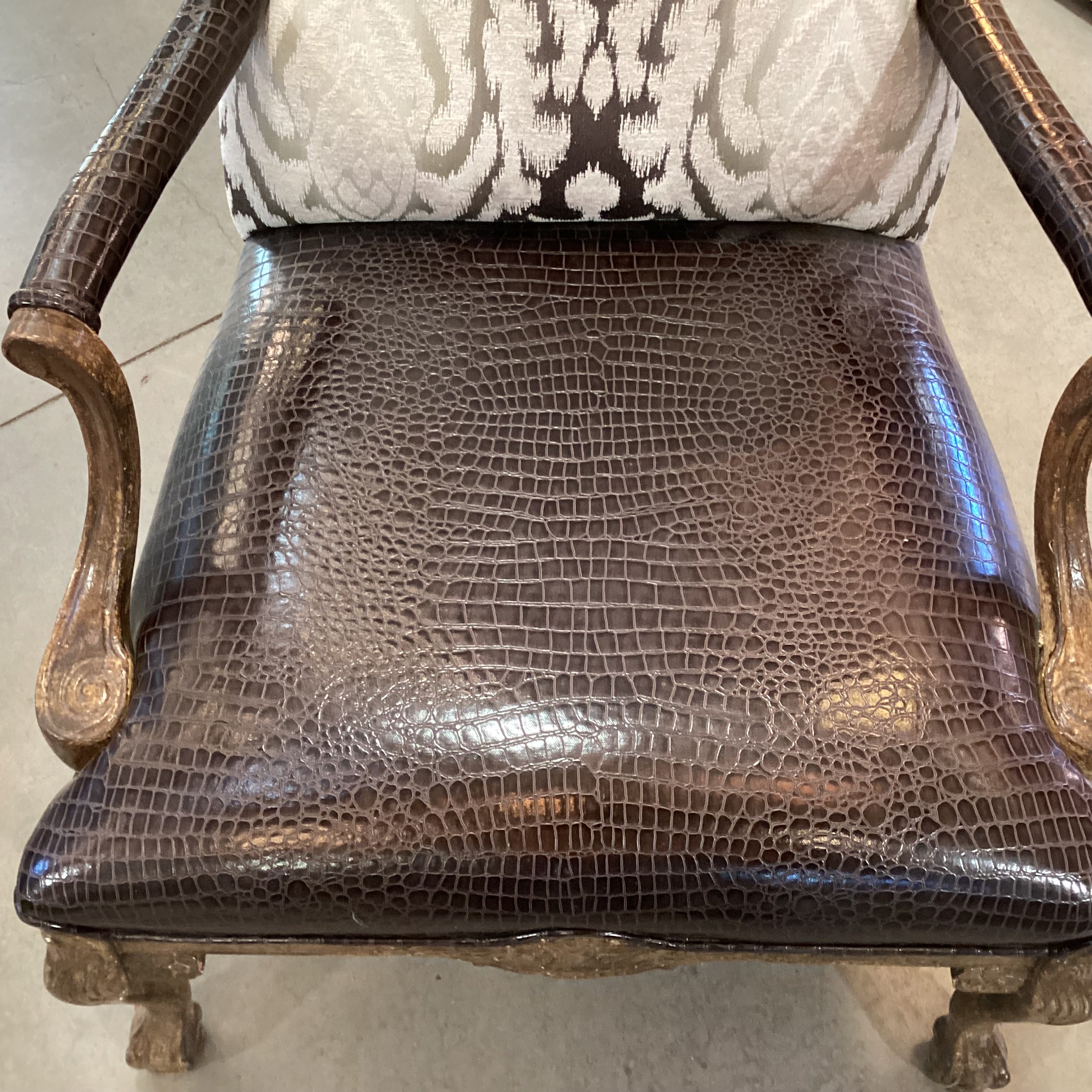 ARA Collection Croc Style Leather Raised Ivory Velvet & Brown Metallic Woven with Crackle Finish Claw & Ball Carved Wood Chair 29"x 32"x 39"
