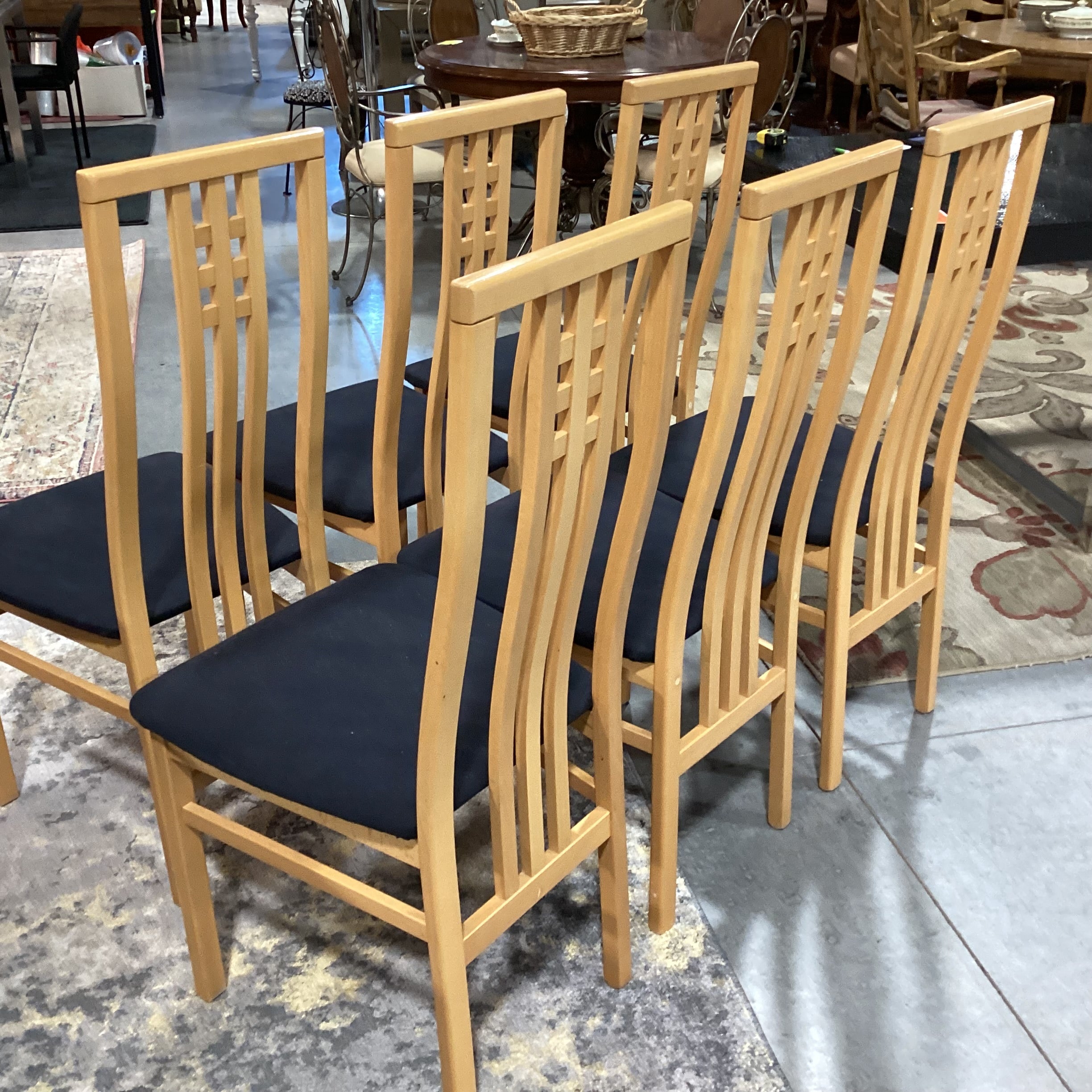 SET of 6 IMS SRL Made in Italy Arts & Crafts Style Italian Teak & Black Canvas Dining Chairs 18"x 21"x 42"