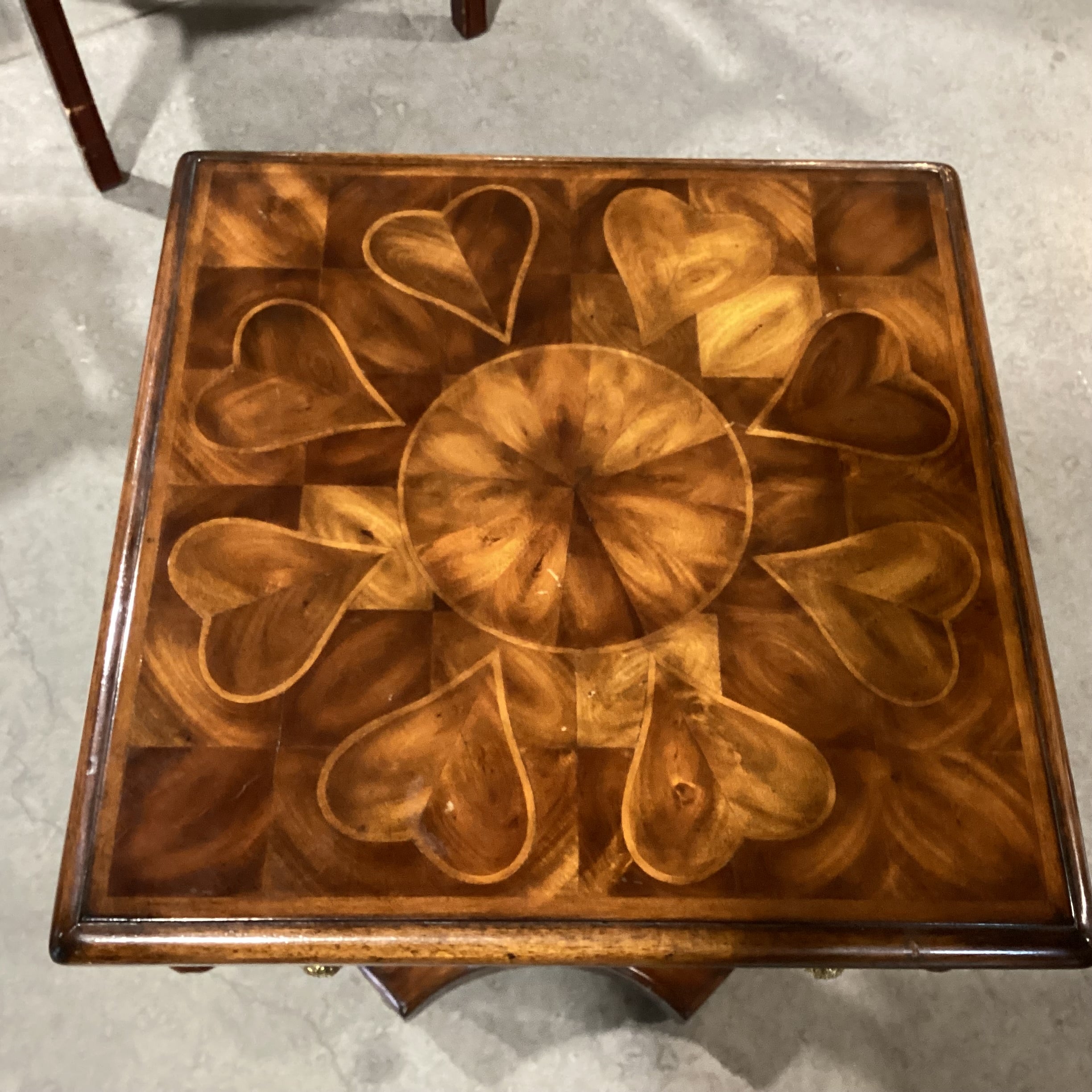 Set of 3 Theodore Alexander Carved Wood Inlay Heart Table & 2 Stool Ottomans Accent Table Set