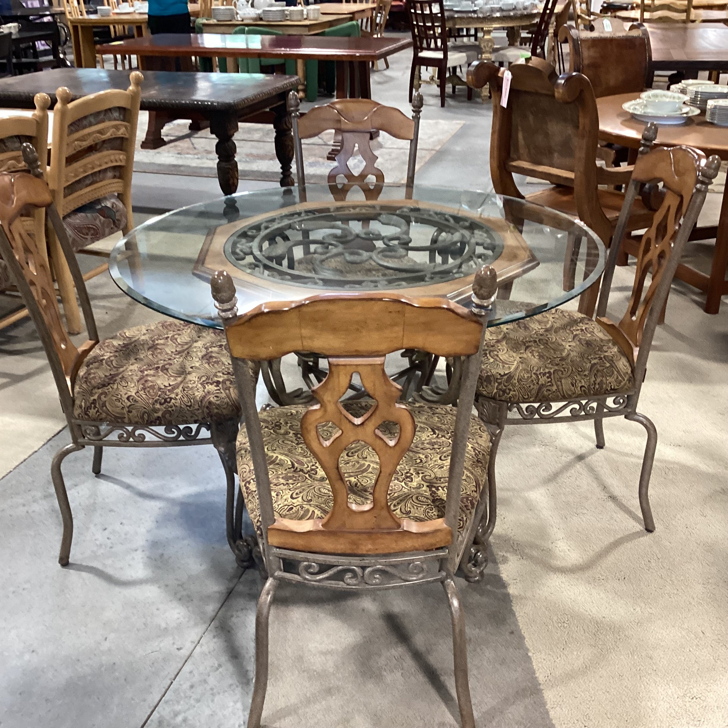Ashley Ornate Iron Wood & Round Glass Table with 4 Chairs Dining Set 48" Diameter x 30"