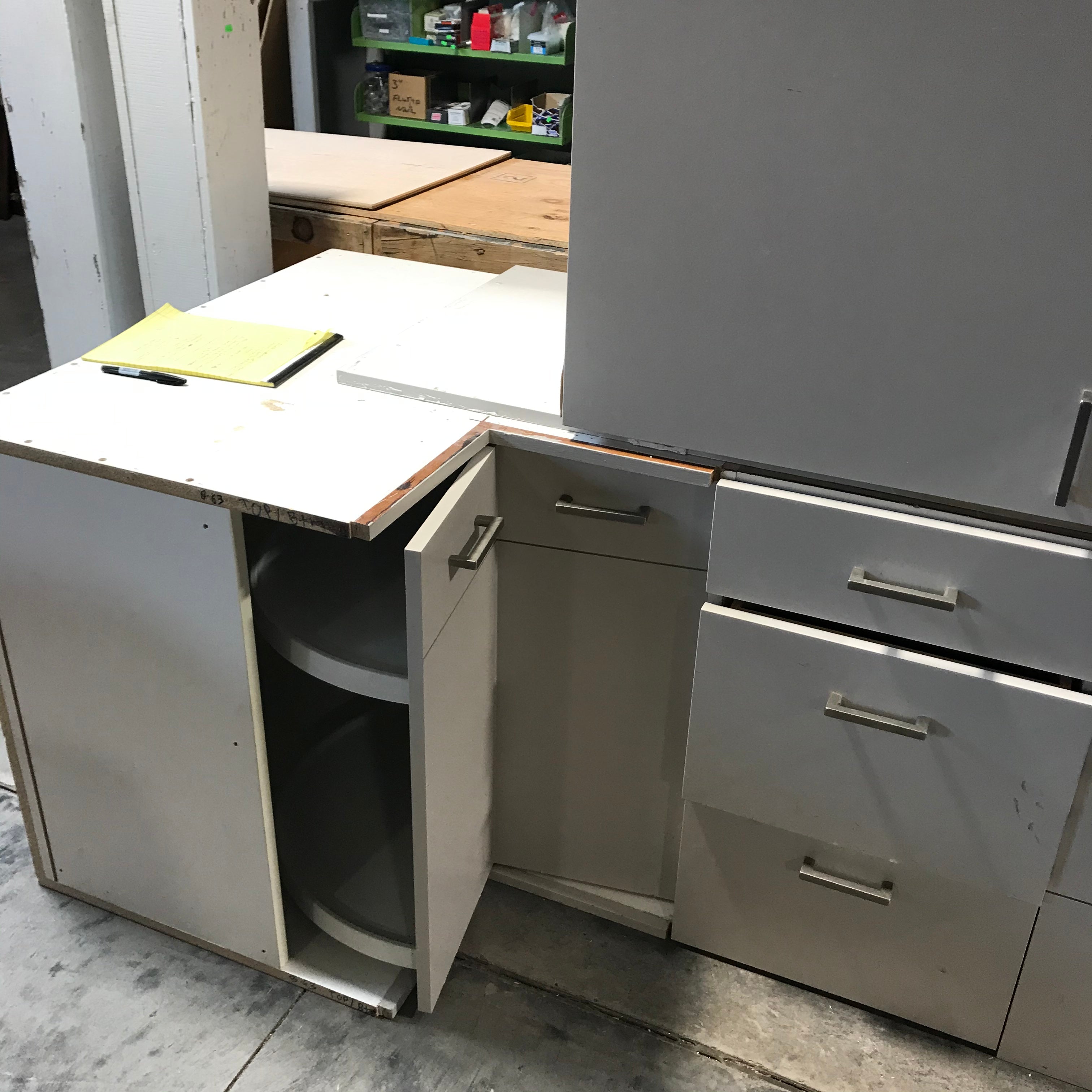 11 Piece Custom Gray Laminate with Contempory Brushed Nichol Hardware Kitchen Cabinet Set