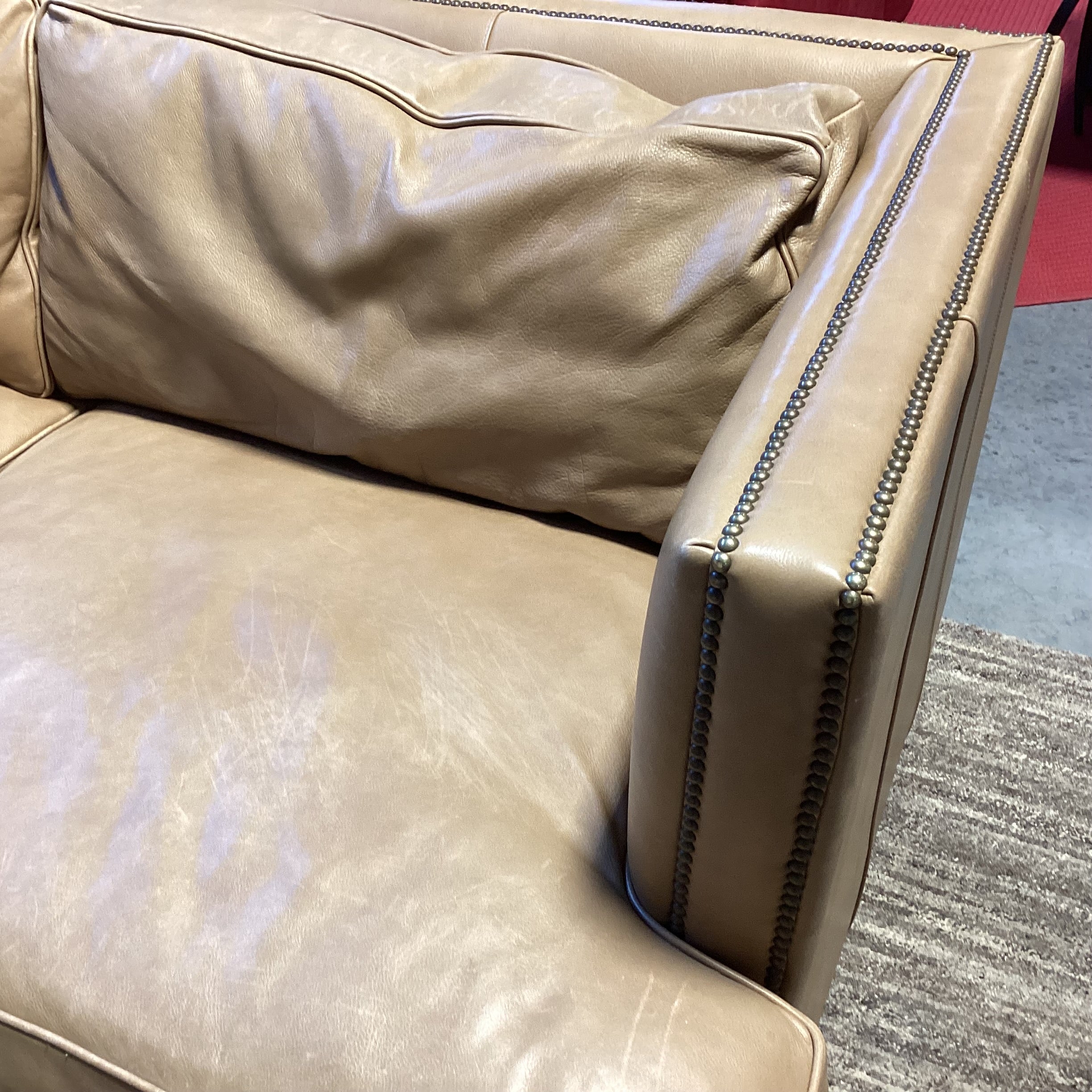 Restoration Hardware Tan Leather Nailhead Down Mix 2 Piece Sectional 145"x 112"x 44"x 31"