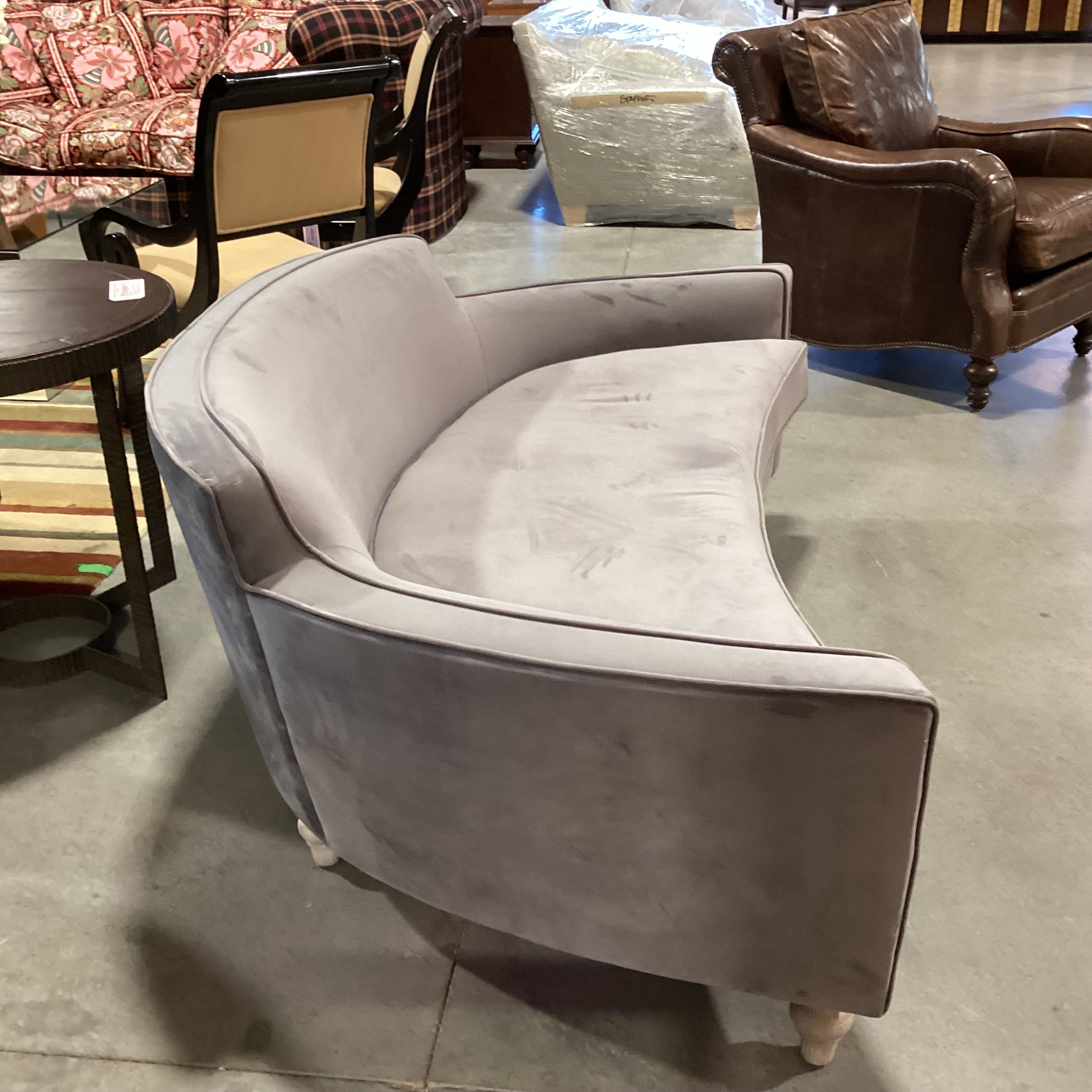 Grey Plush Velvet with French Washed Oak Feet Curved Sofa 70"x 41"x 29"