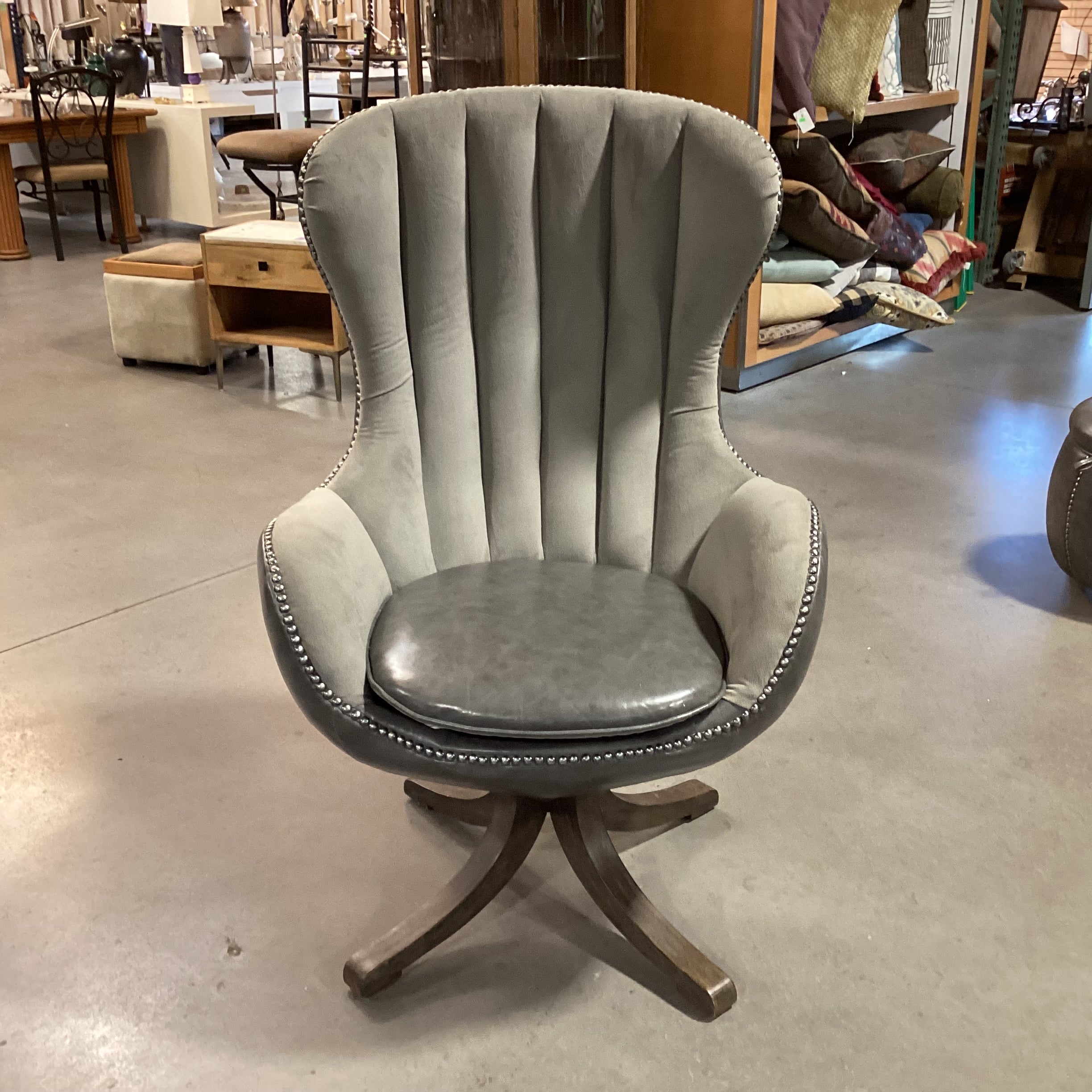 Uttermost Linford Clouded Zinc Leather Nailhead & Grey Velvet Swivel Chair 31"x 31"x 48"