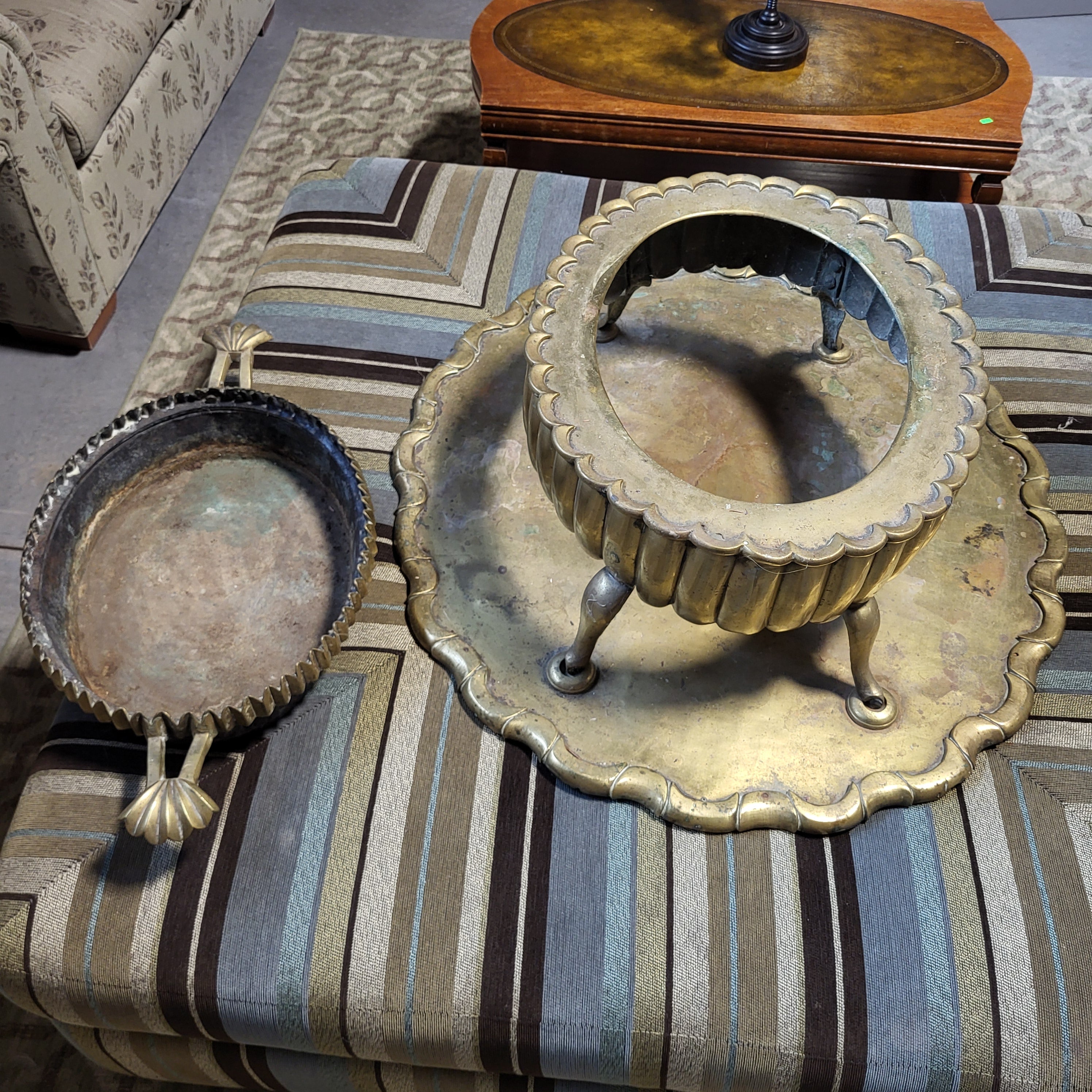 Antique Turkish Brass with Underplate Brazier, 35" x 32" x 23"