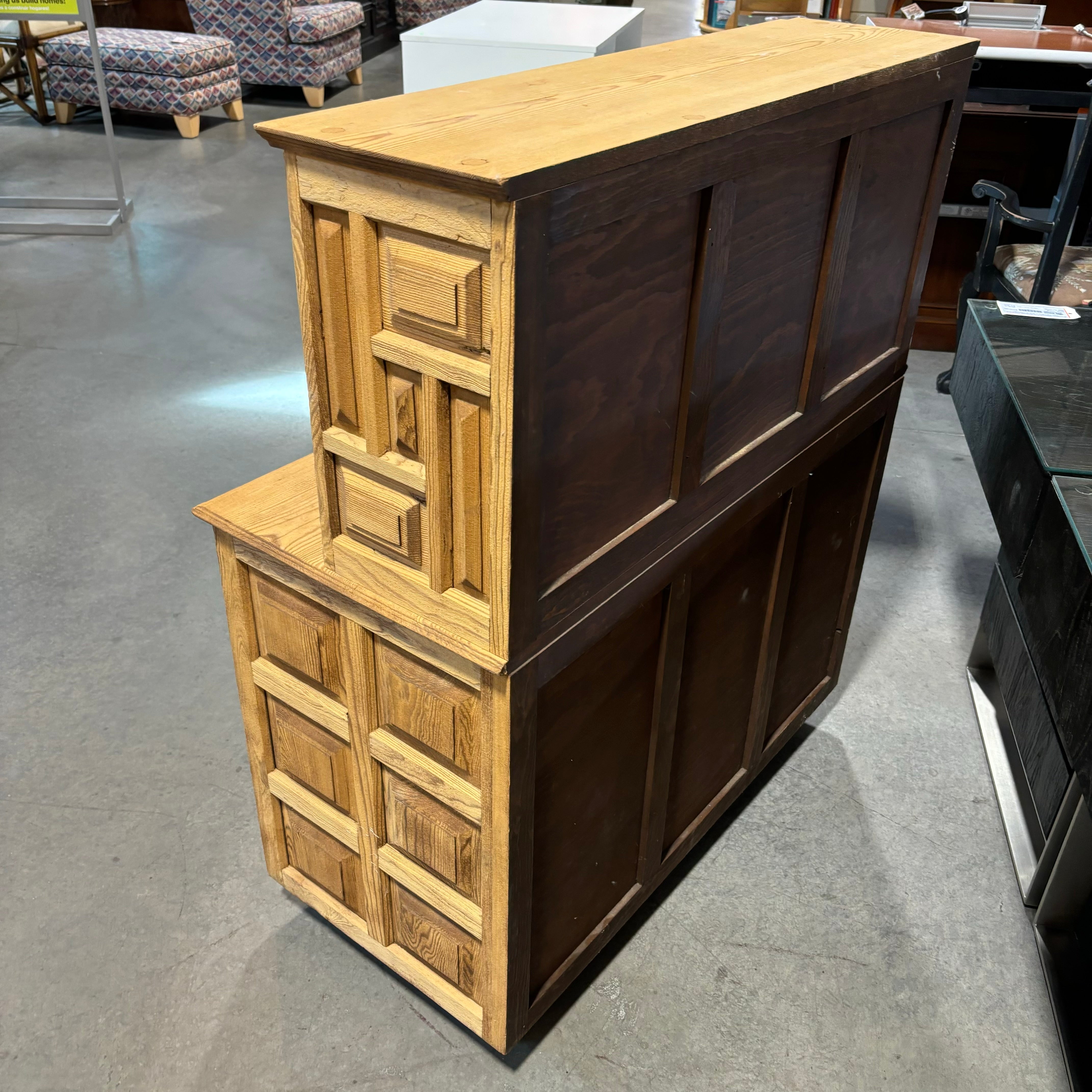 Natural Light Wood with Carved Detail & Iron Pulls 15 Drawer Hutch 40"x 20"x 27"