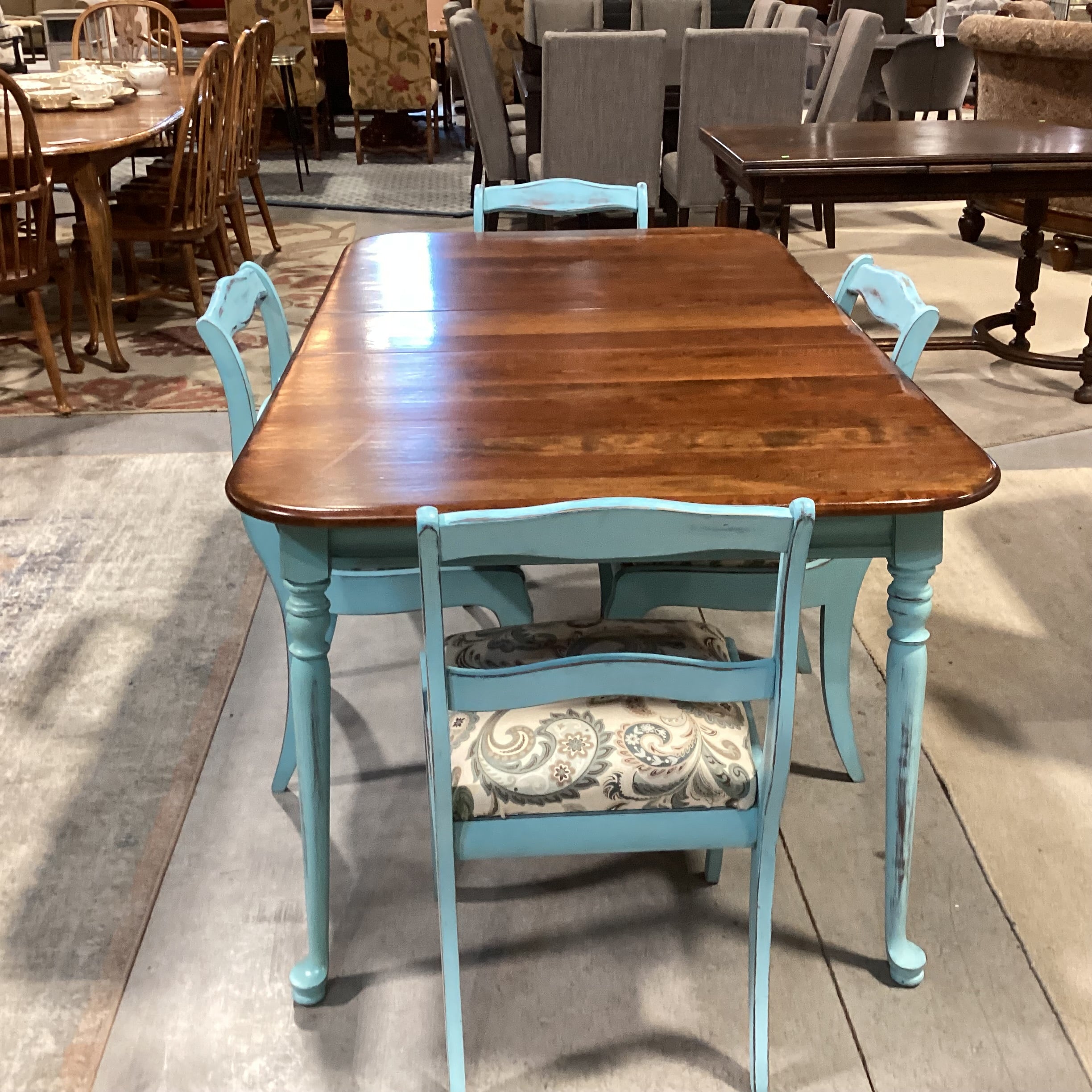 Antique Refinished Blue & Wood Table with 4 Chairs Dining Set 52"x 36"x 30.5"