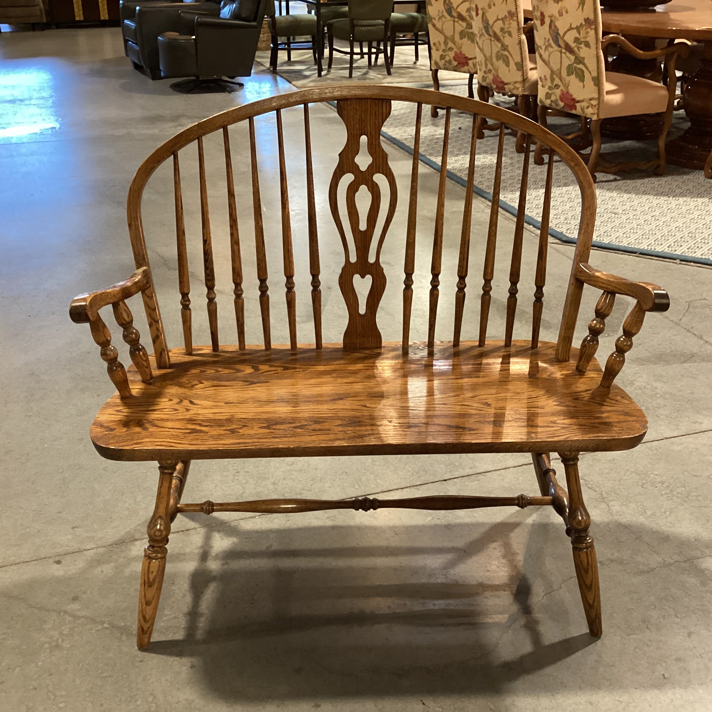 Dinaire Buffalo NY Vintage Antique Solid Oak Windsor Style Bench 43"x 20"x 38"