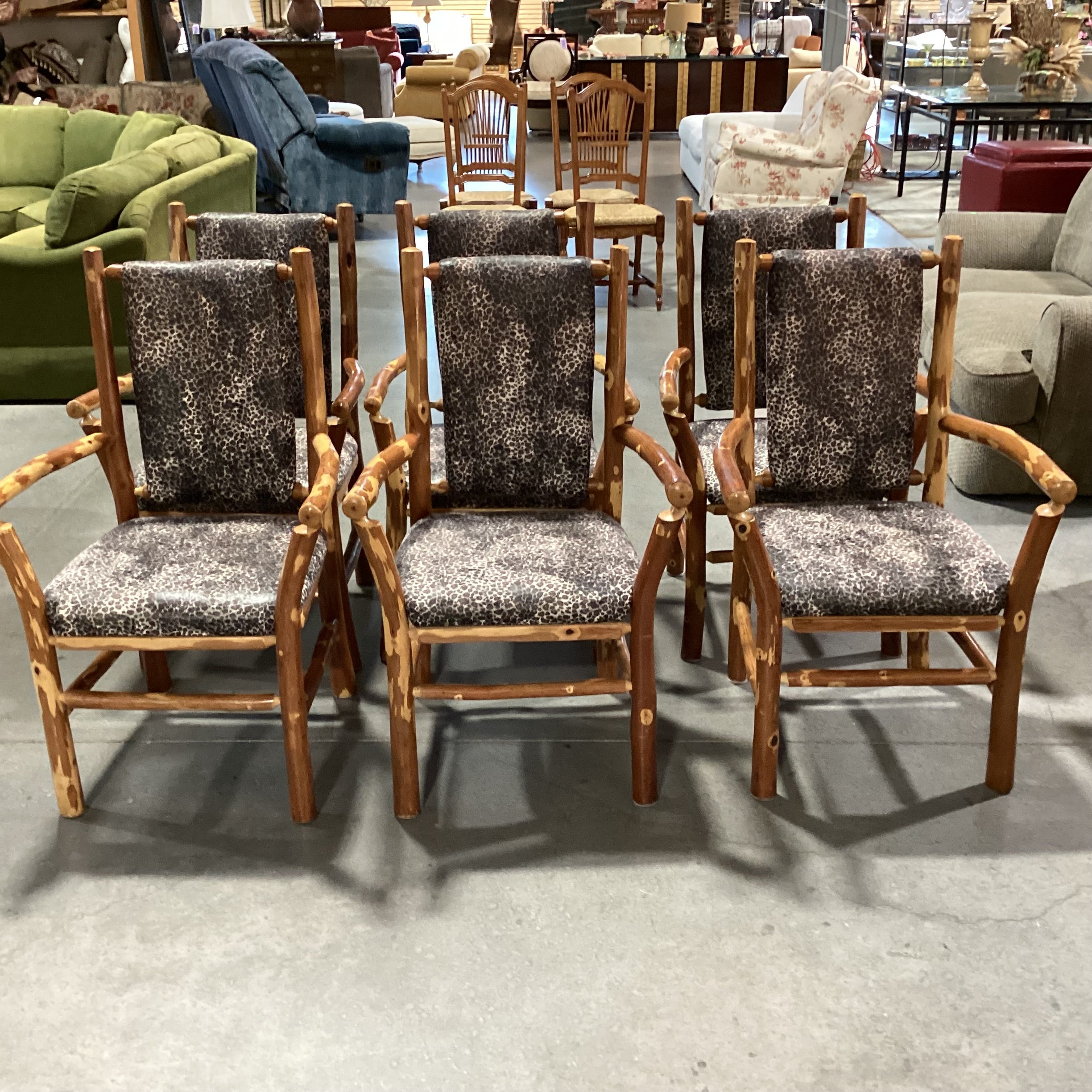 SET of 6 Peeled Style Log & Animal Print Armed Dining Chairs 24"x 24"x 39"