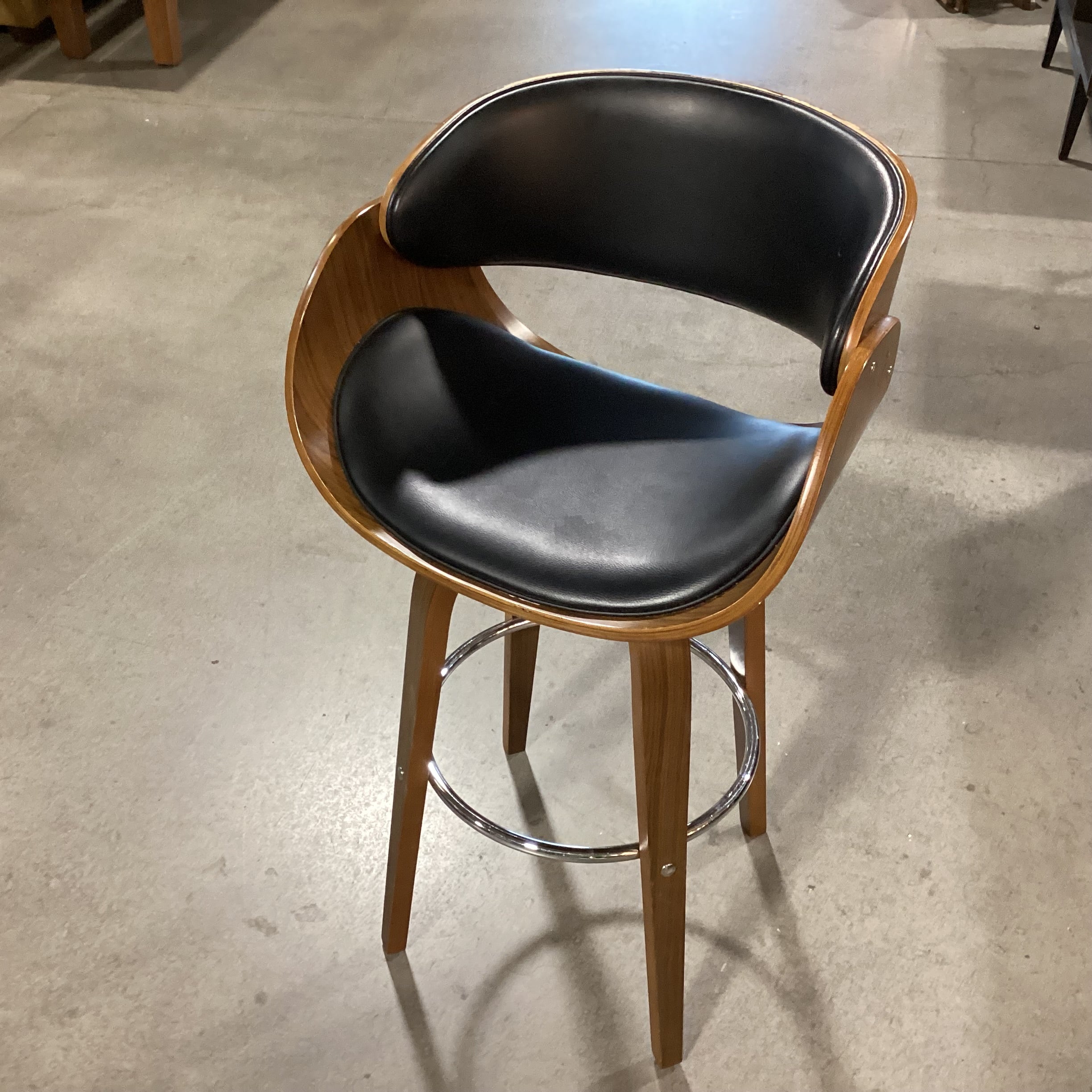 Mid Century Style Pressed Wood & Faux Black Leather Swivel Barstool 30"