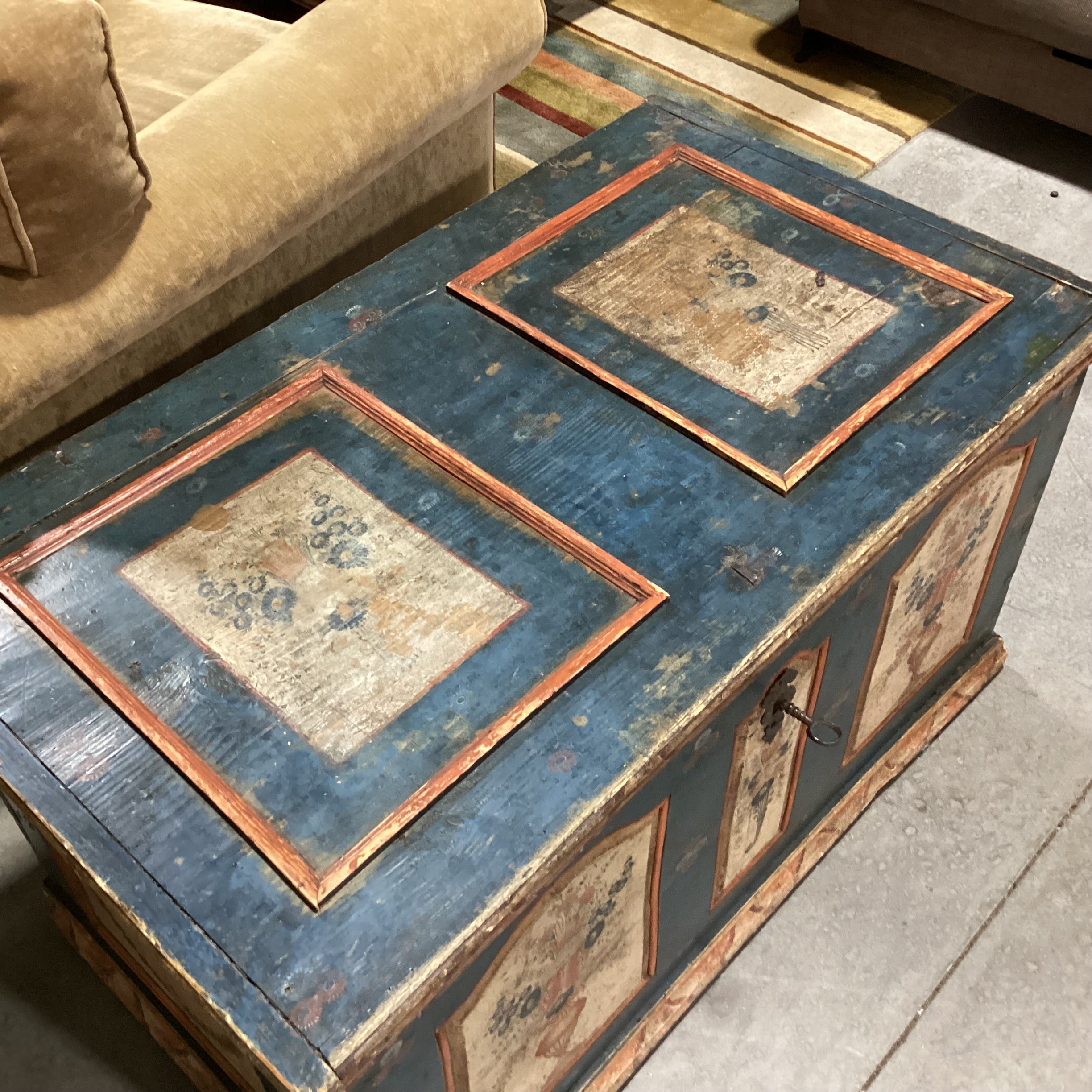 Antique Carved Wood with Hand Painted Floral Panels Trunk 42"x 25"x 23.5"