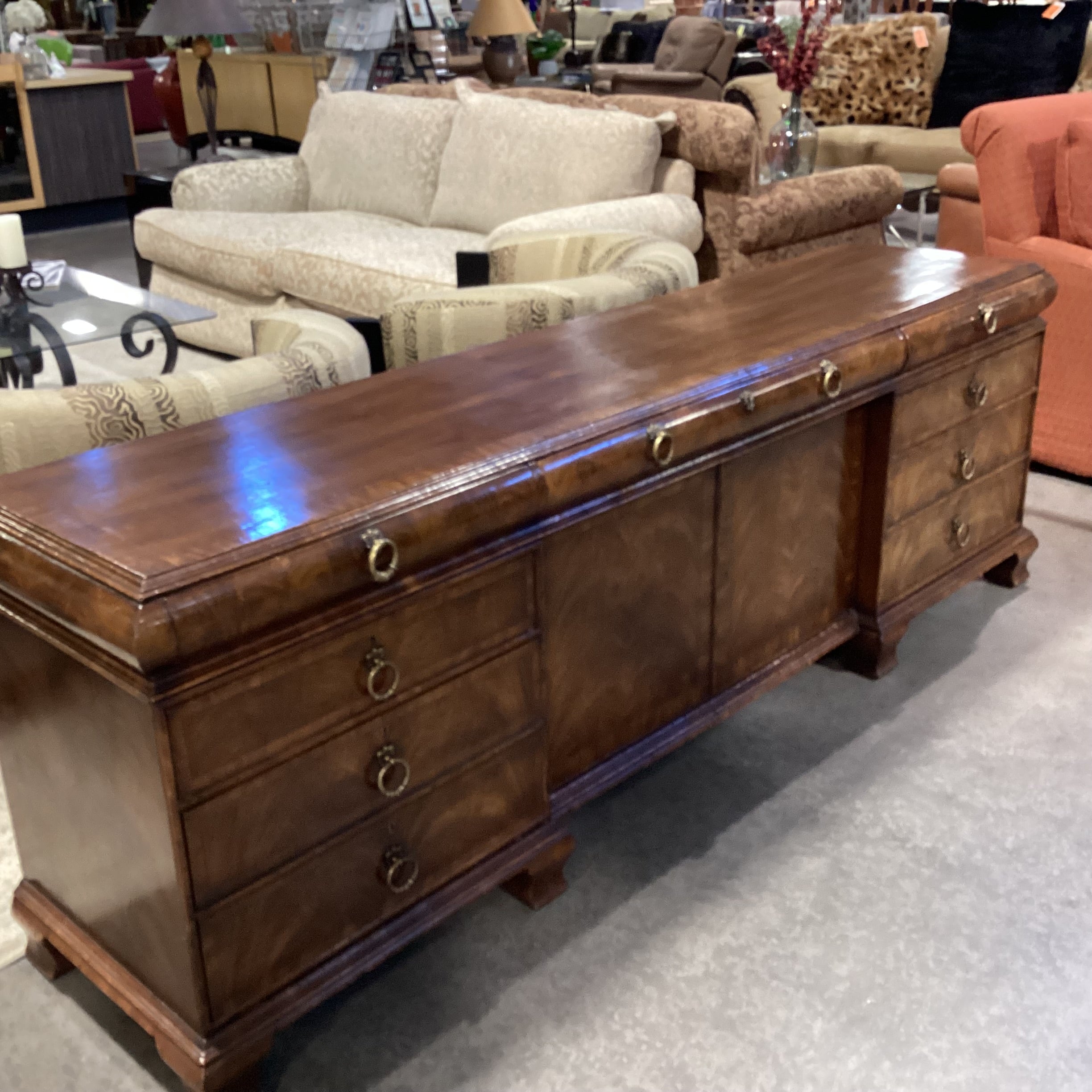 Alfonso Marina Ebanista Delaware Antiqued Primavera Wood & Brass 7 Drawer 2 Door Credenza 91.5"x 21"x 30.5"