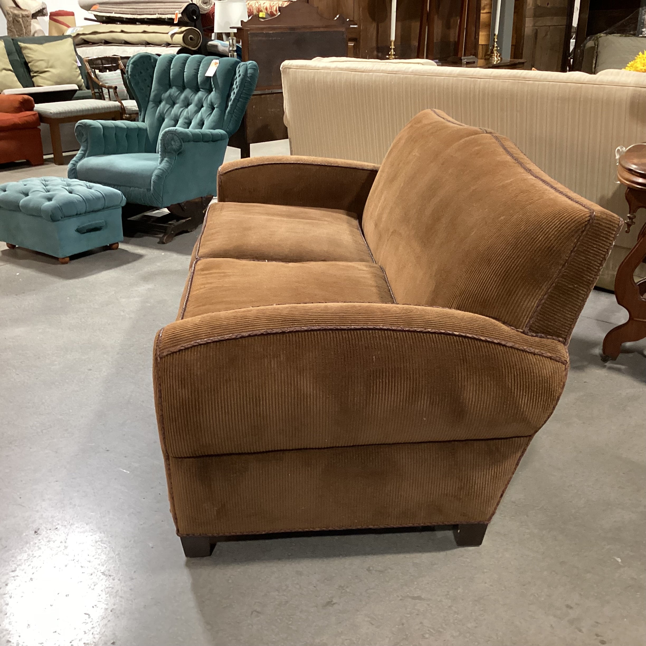 Richard Charles Brown Corduroy Braided Leather Piping & Down Mix Sofa 86"x 40"x 34"