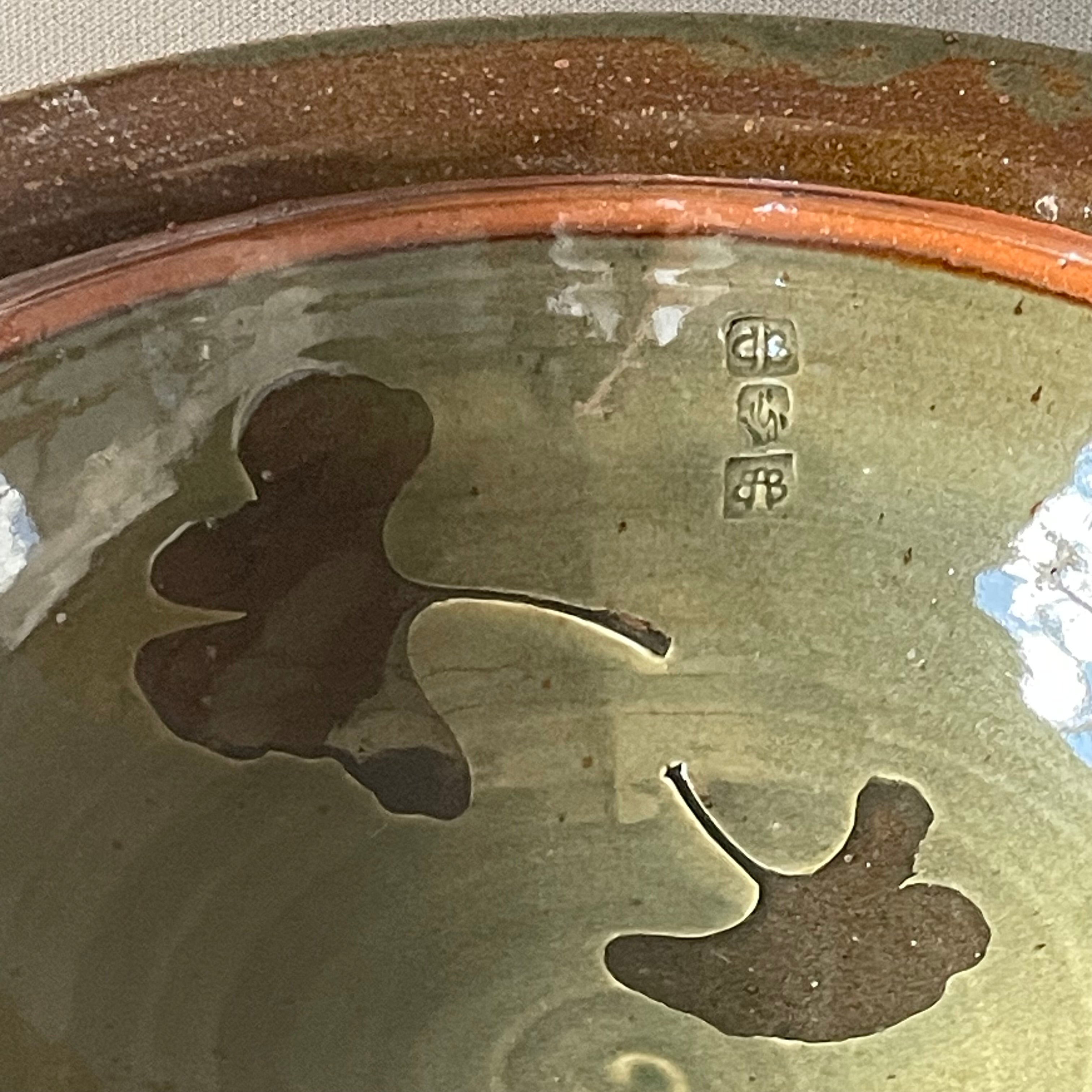 Vintage David Blaisdell Signed Large Green, Brown, Orange Glazed Bowl, 15"x 5"