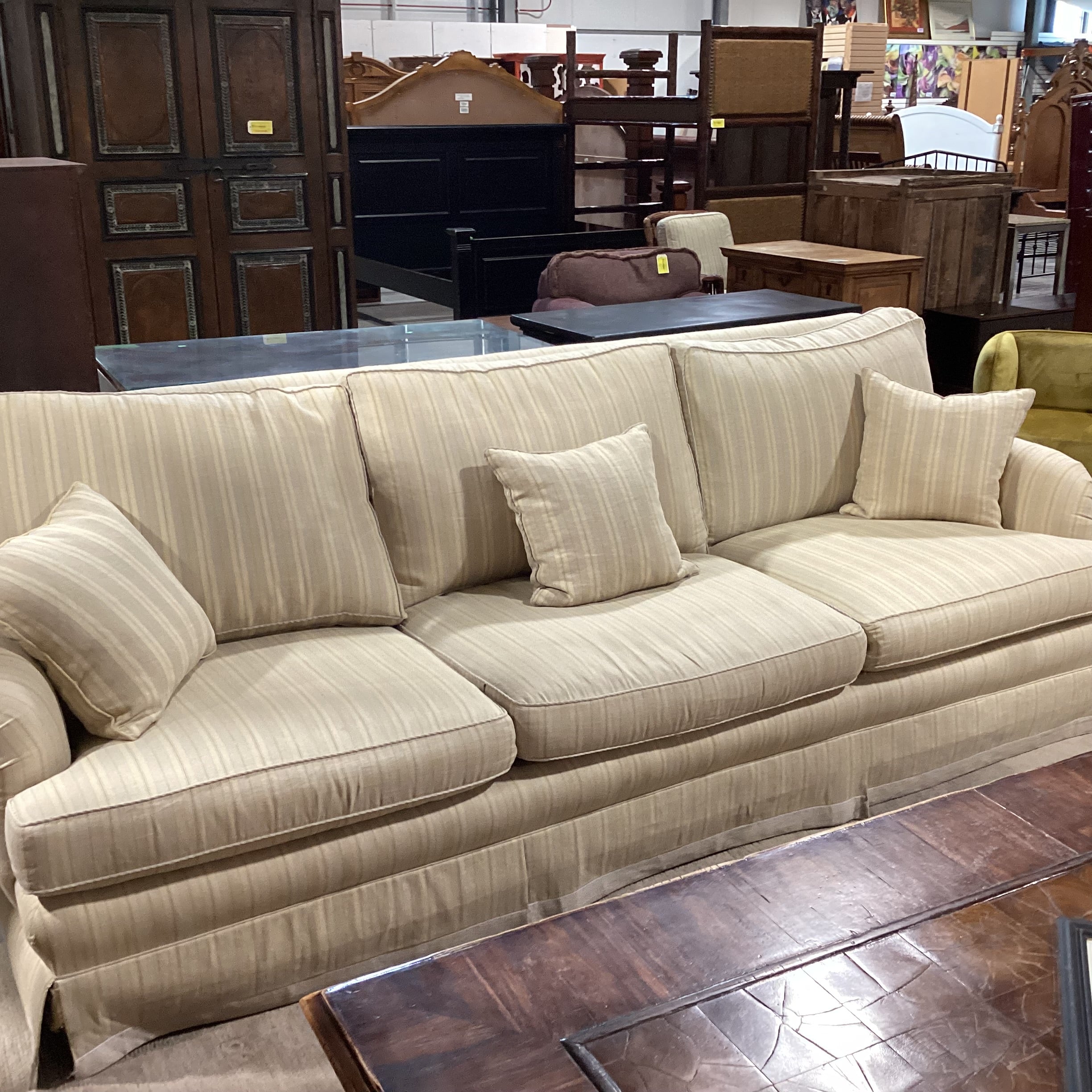 Custom Cream & Brown Woven Stripe Down Mix Long Sofa 111"x 44"x 39"