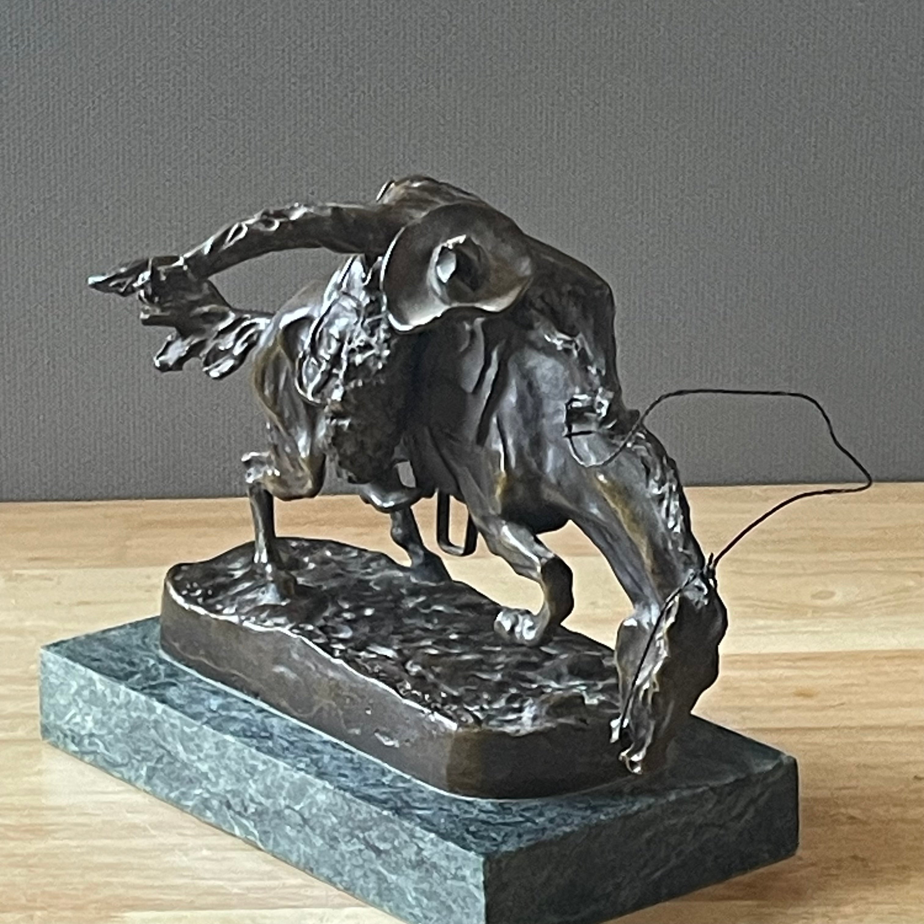 Frederic Remington Bronze Reproduction of "The Bronco Buster" on Green Marble Base, 12"x 8"x 8.75"