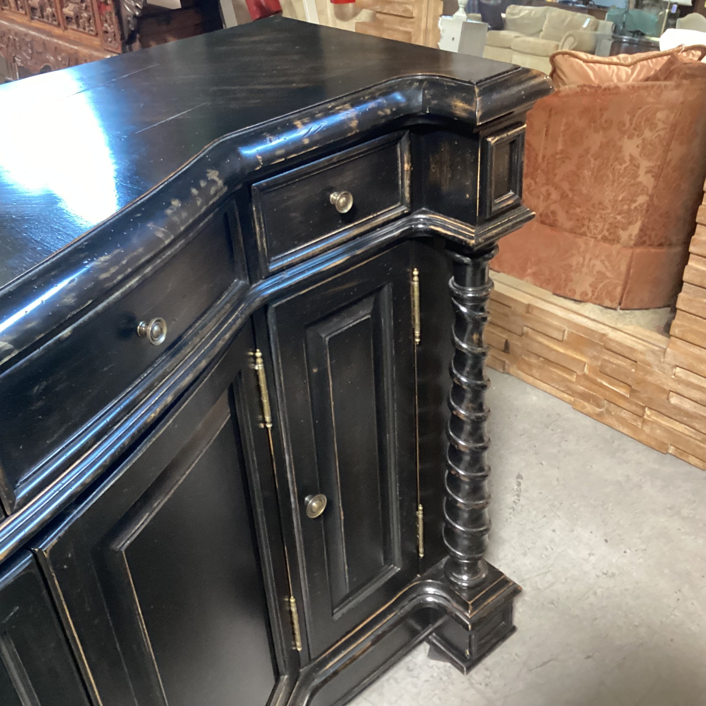 Antiqued Black Distressed Carved Wood 4 Door 6 Drawer Sideboard 96.5"x 27.5"x 42.5"