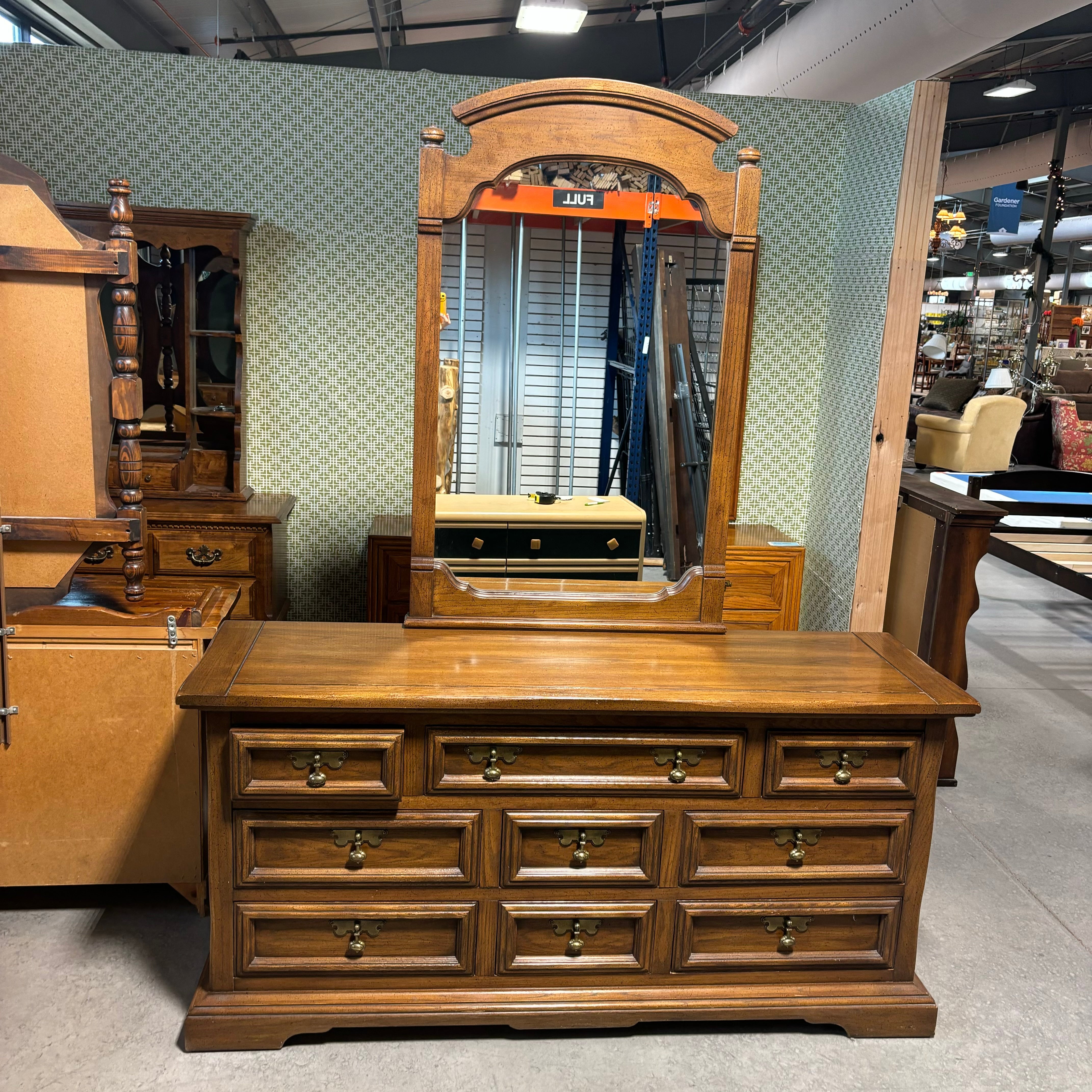 United Furniture Spanish Styl Dark Finish Wood & Brass Tone Handle 9 Drawer with Mirror Dresser 68"x 21"x 85"