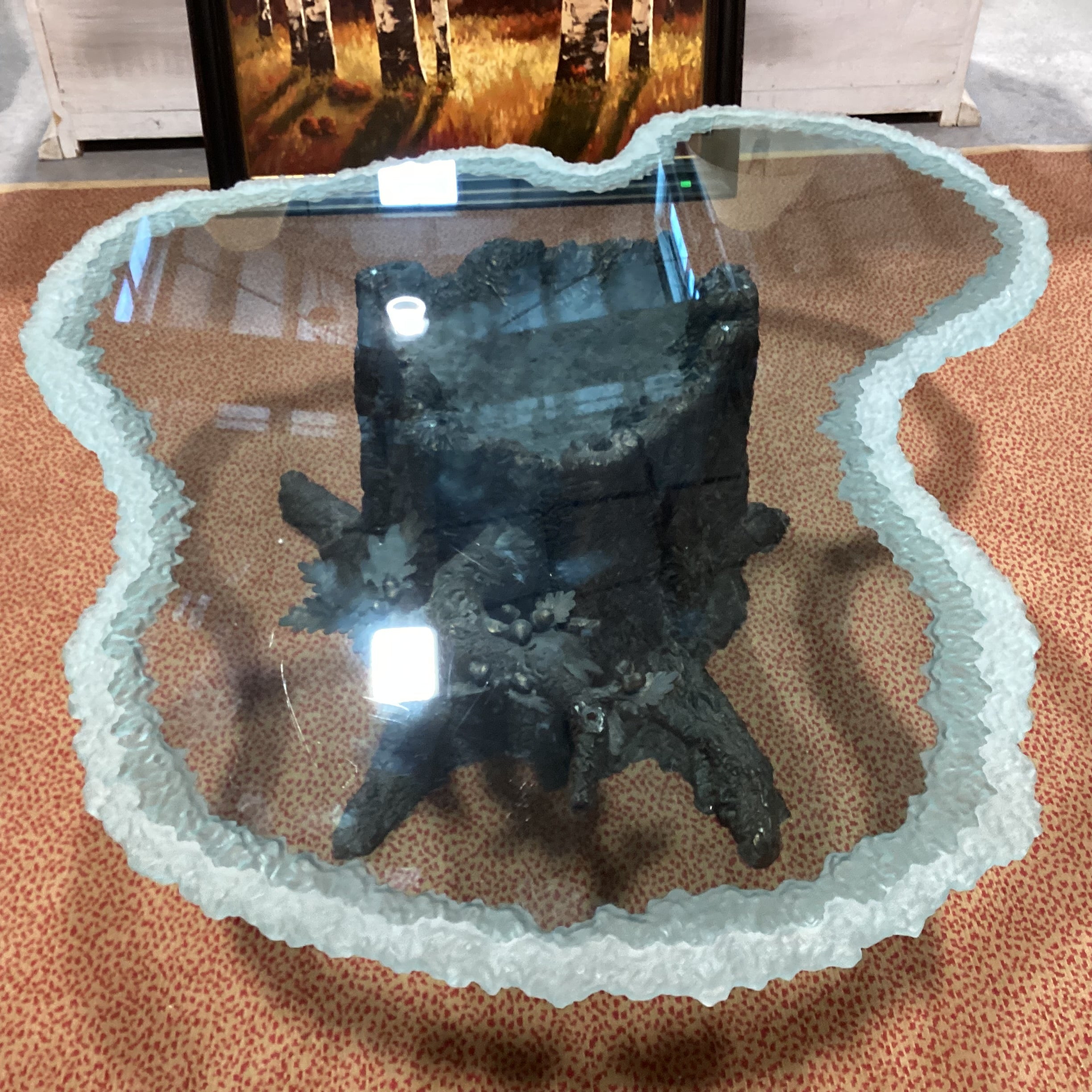 Kevin Clark Resin Cast & Iron Acorn Leaf Tree Trunk with Frosted Live Edge Glass Coffee Table 55"x 48"x20"