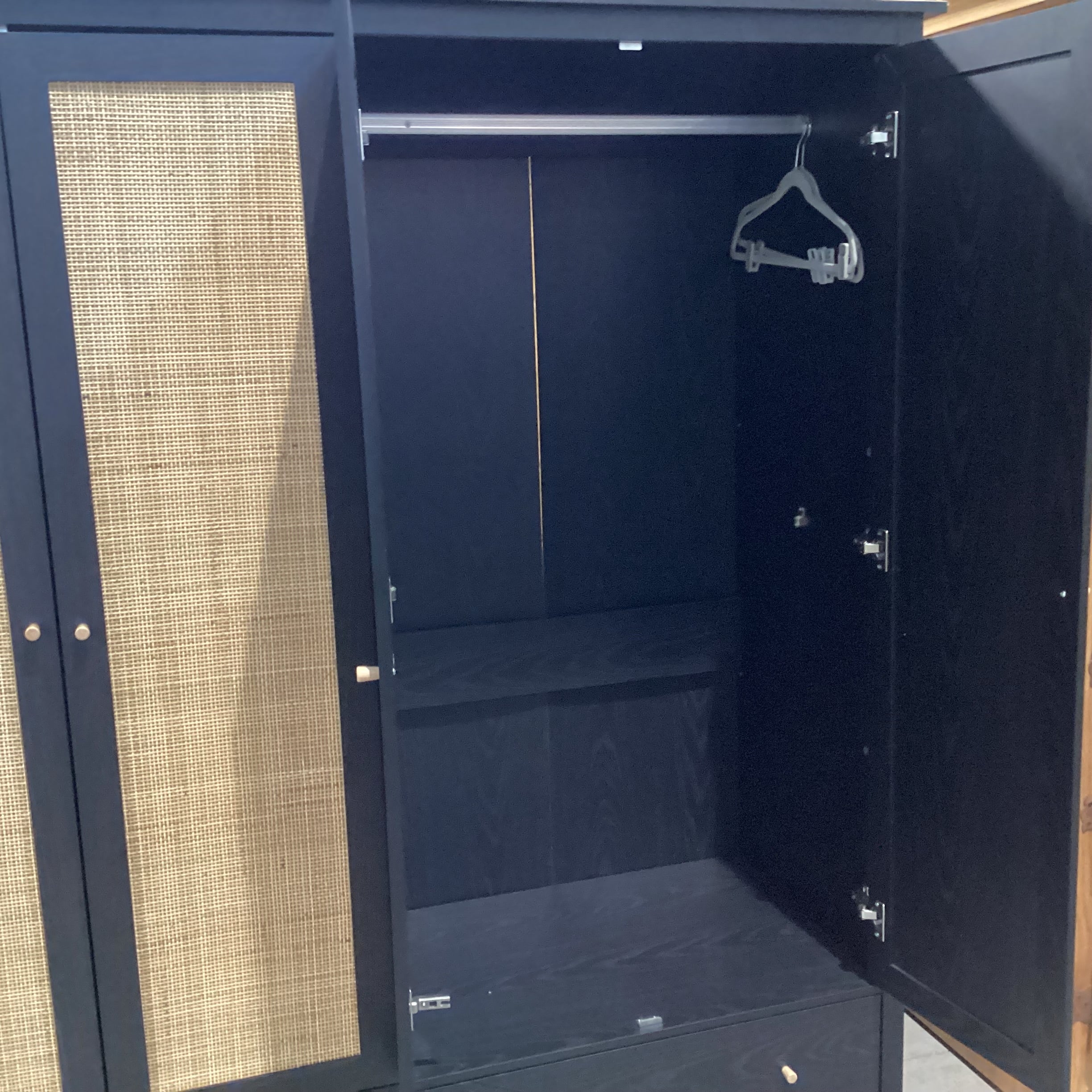 Ebony Finished Wood Style Laminate Veneer Rattan Woven 4 Door 2 Drawer Wardrobe Armoire 68"x 22"x 72.5"