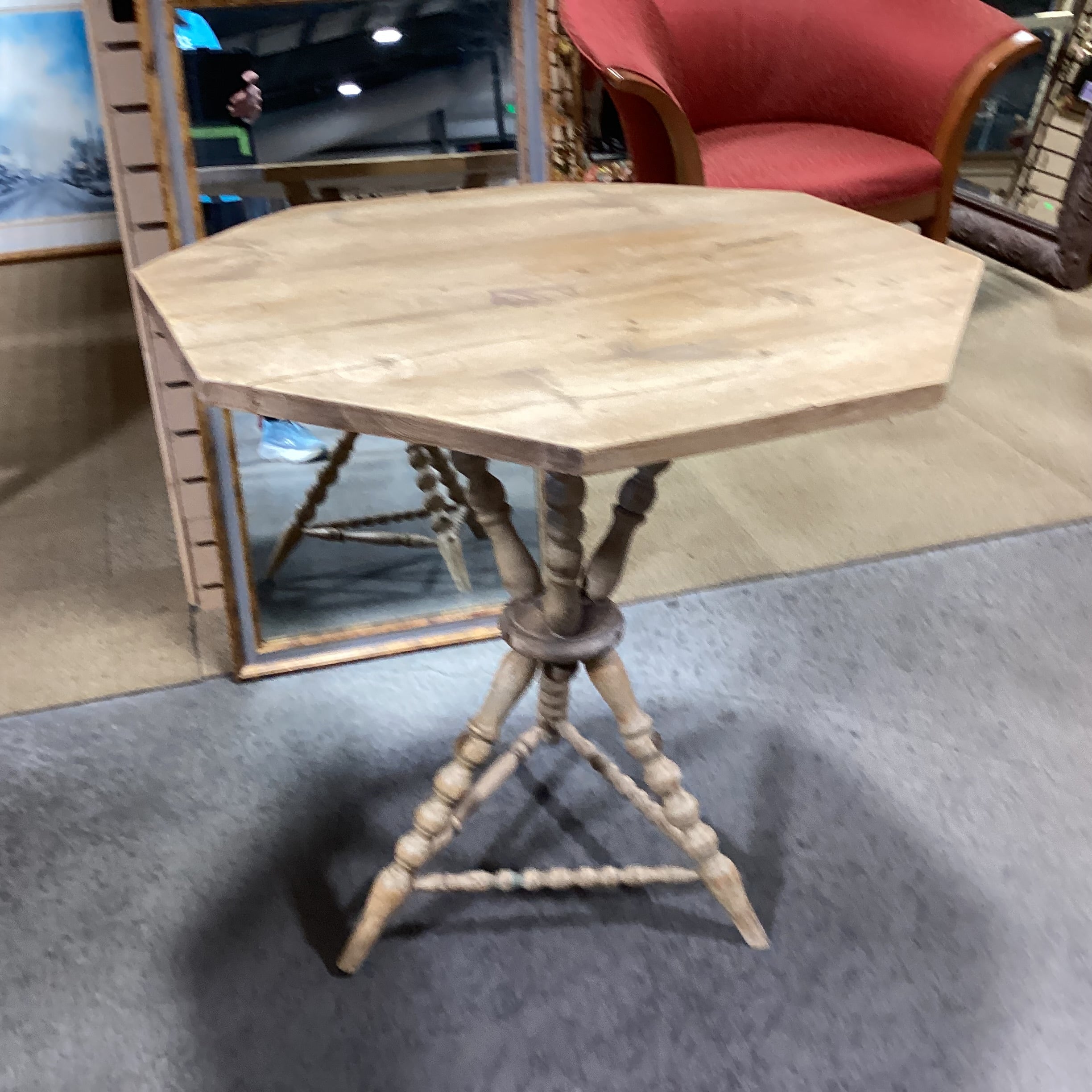 Antique Natural Pine Spindle Carved Tri Leg Octagon Top Accent Table 28.5"x 28.5"x 29.5"