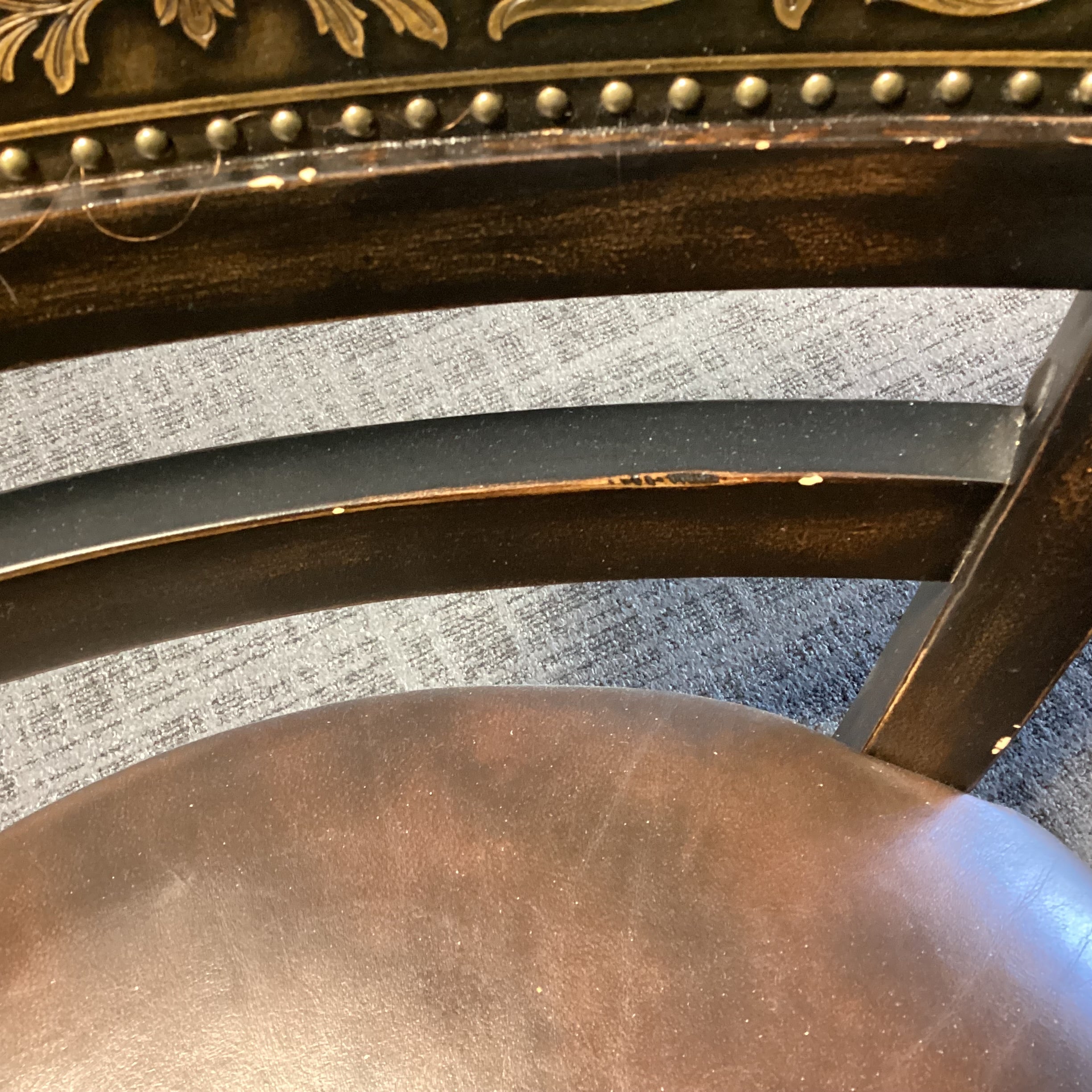 Black Distressed Wood Leather Seat & Ornate Metal Back Detail Frisco Castered Chair 24"x 23"x 40"