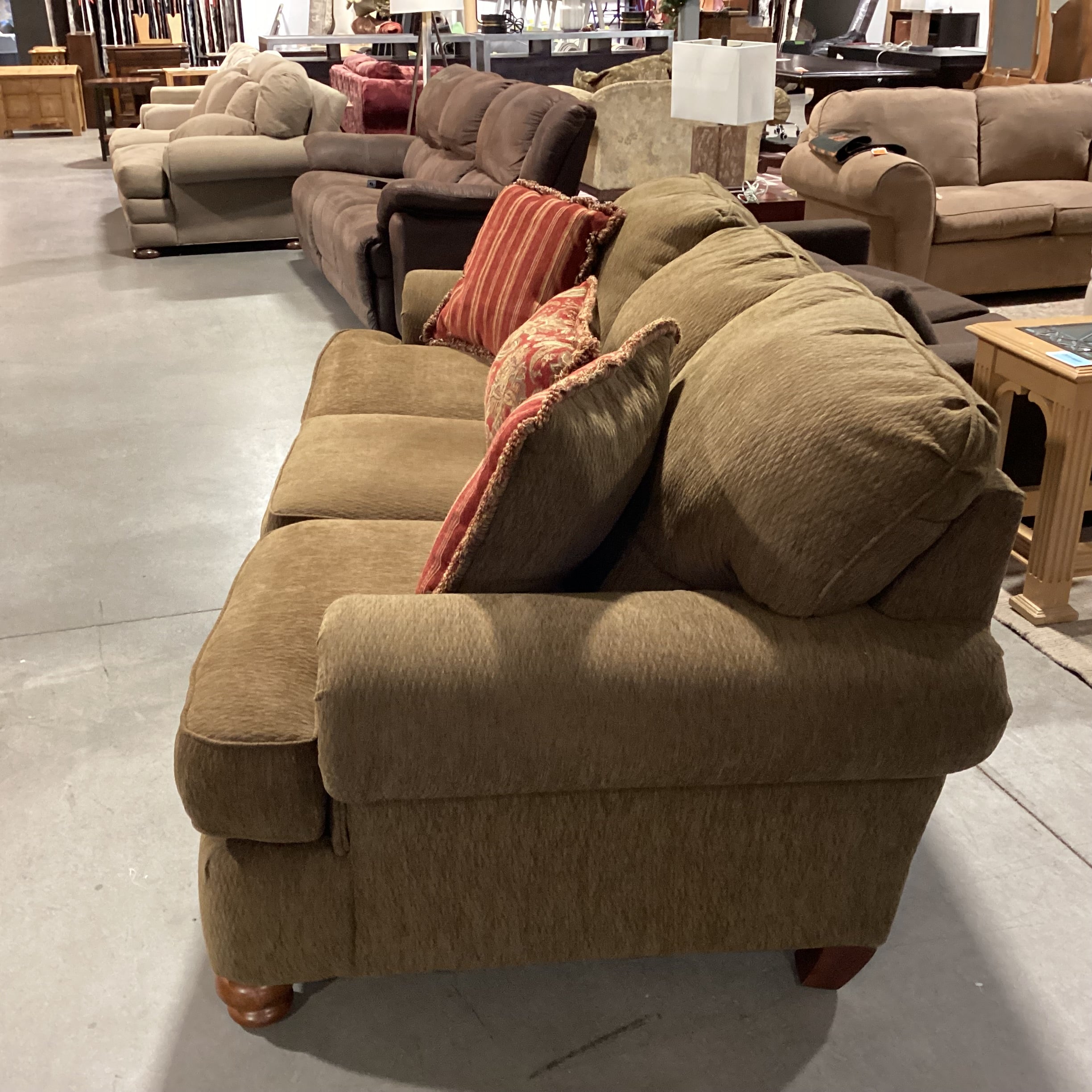 Olive Brown Texture Woven Upholstery with Accent Pillows Sofa 96"x 40"x 32"