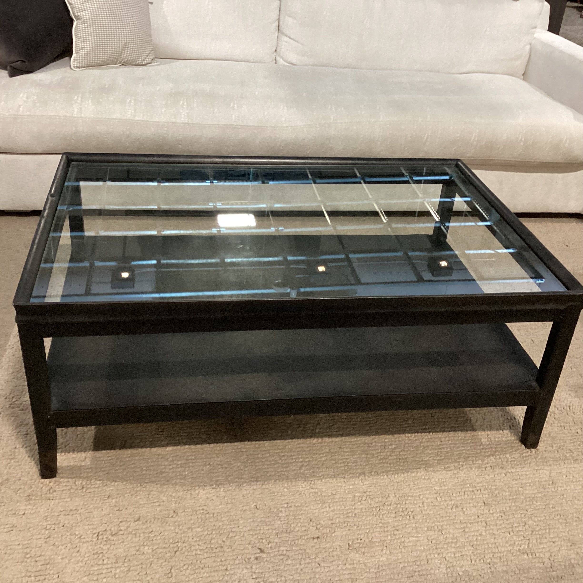 Industrial Modern Black Textured Iron & Glass 2 Tiered Coffee Table 48"x 32"x 18.5"