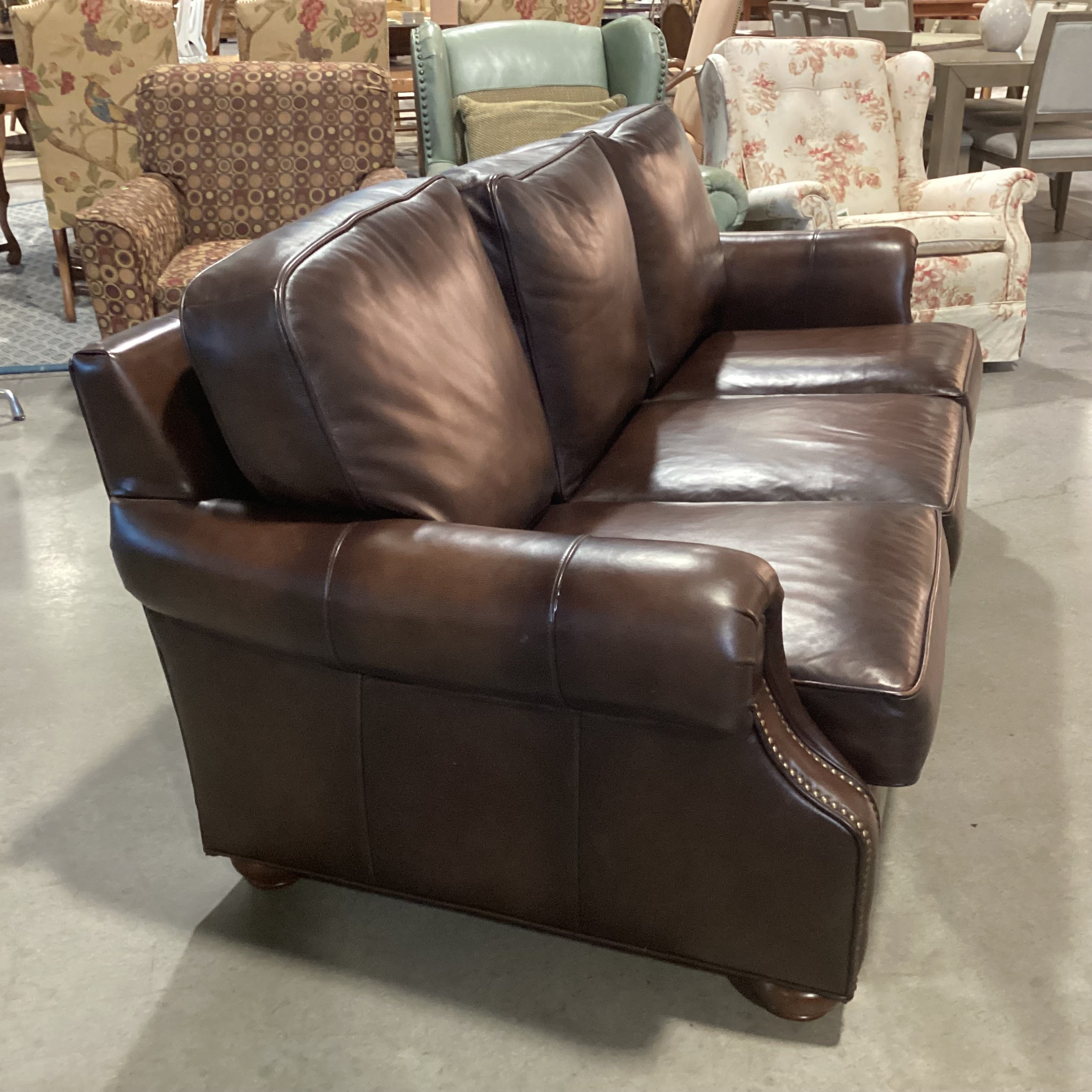 Brown Leather Nailhead with Roll Arm Sofa 82"x 40"x 36"