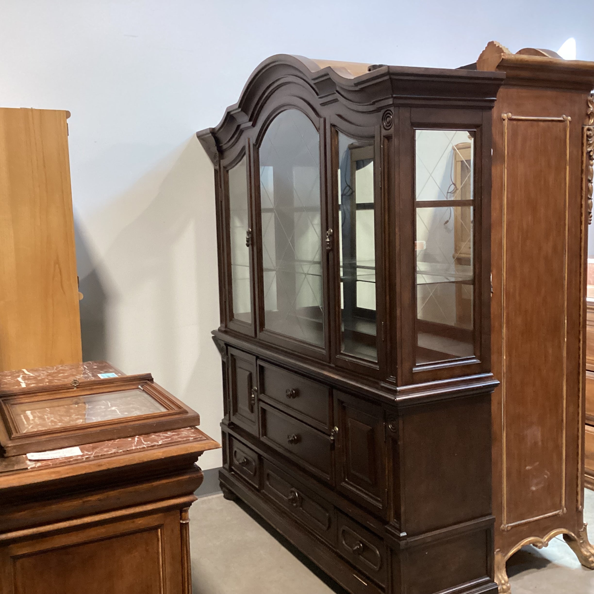 Dark Finish Wood & Glass 5 Drawer 4 Door 2 Piece China Hutch 69"x 18"x 88"