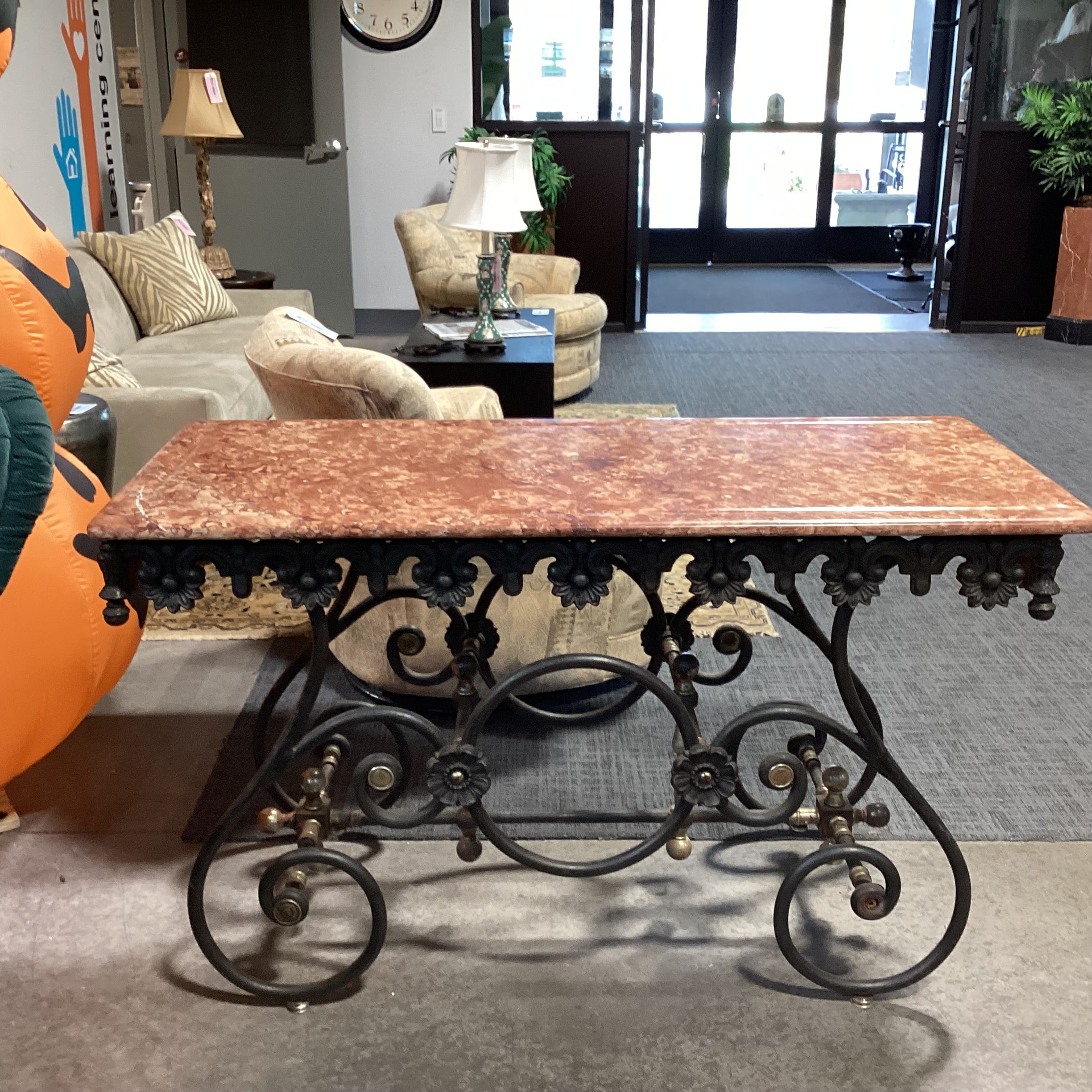 Antique French Ornate Iron & Original Marble Baker's Accent Table 52"x 23"x 31"