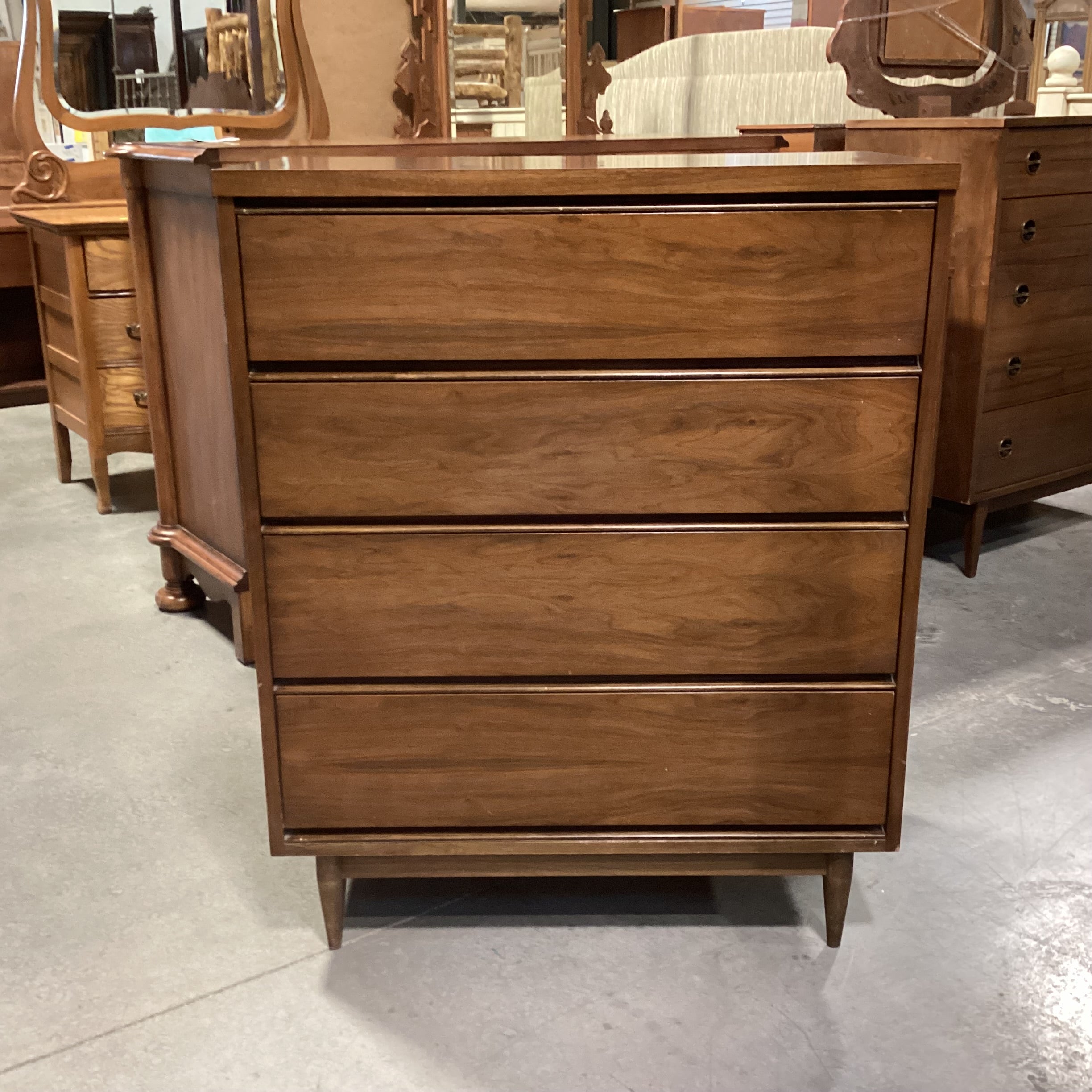 Mid Century Walnut & Veneer 4 Drawer Chest 34"x 18"x 42"
