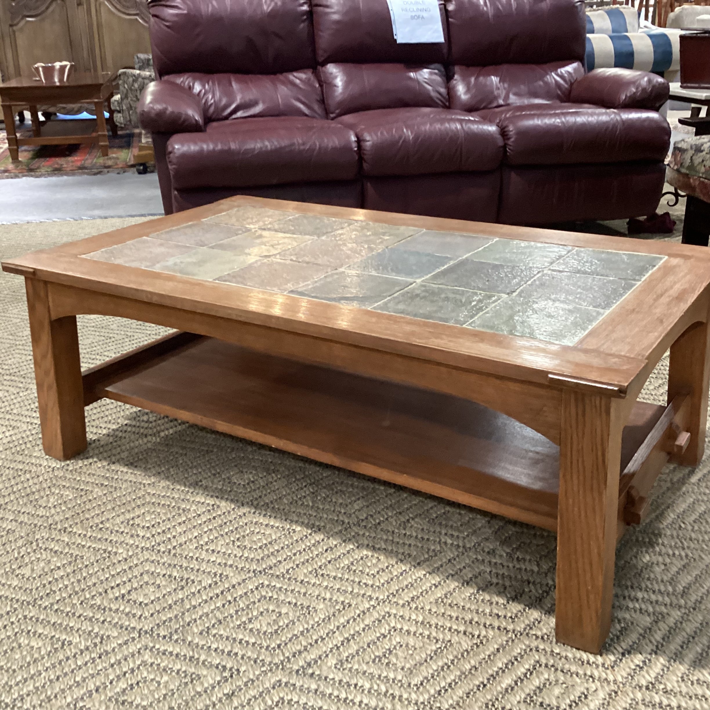 Natural Light Finish Wood & Slate Stone Tile Coffee Table 50.5"x 30"x 18"