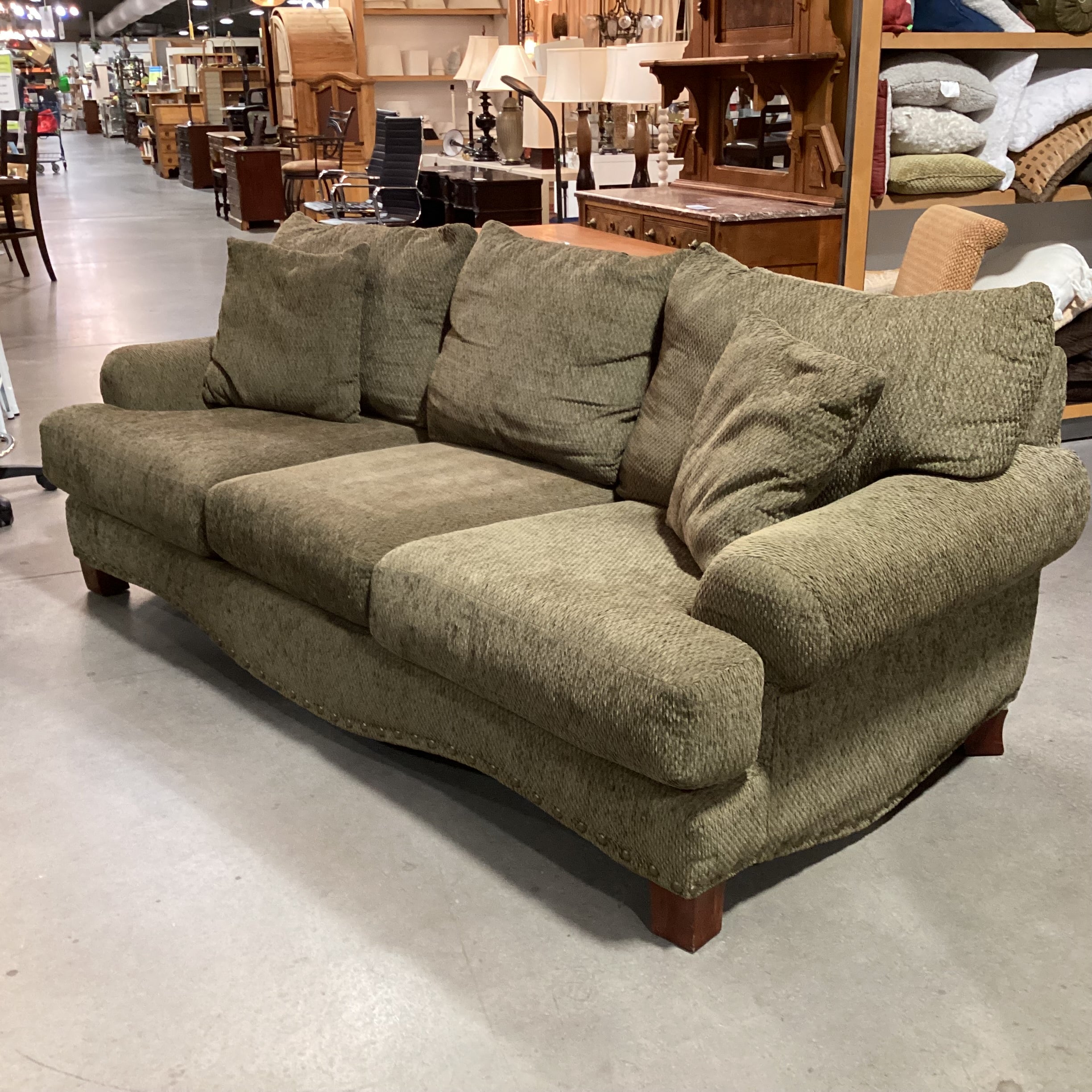 Corinthian Olive Chenille Woven Nailhead Sofa 98"x 45"x 33"