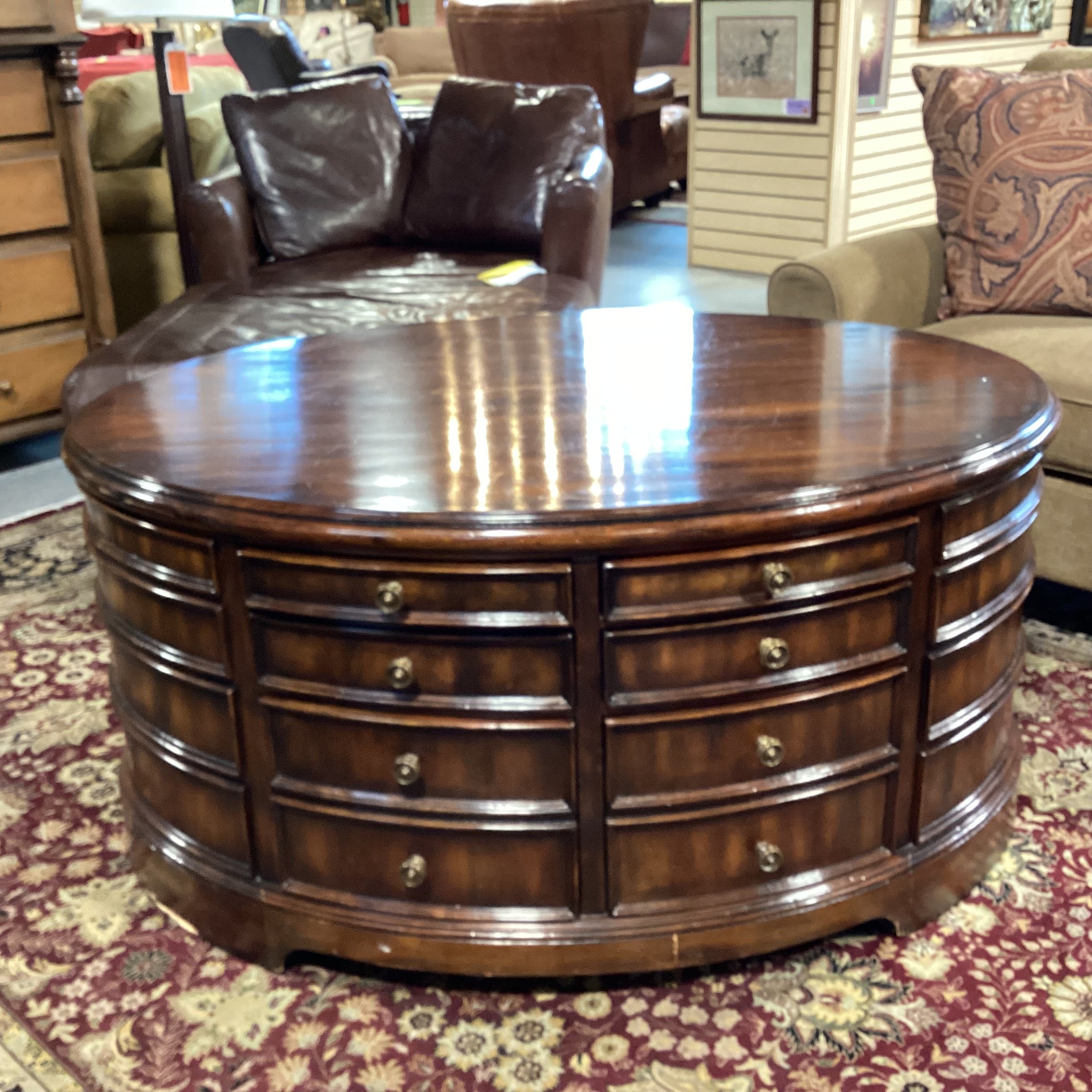 Theodore Alexander Style Oval Dark Finish 10 Drawer Coffee Table 48"x 36"x 23"