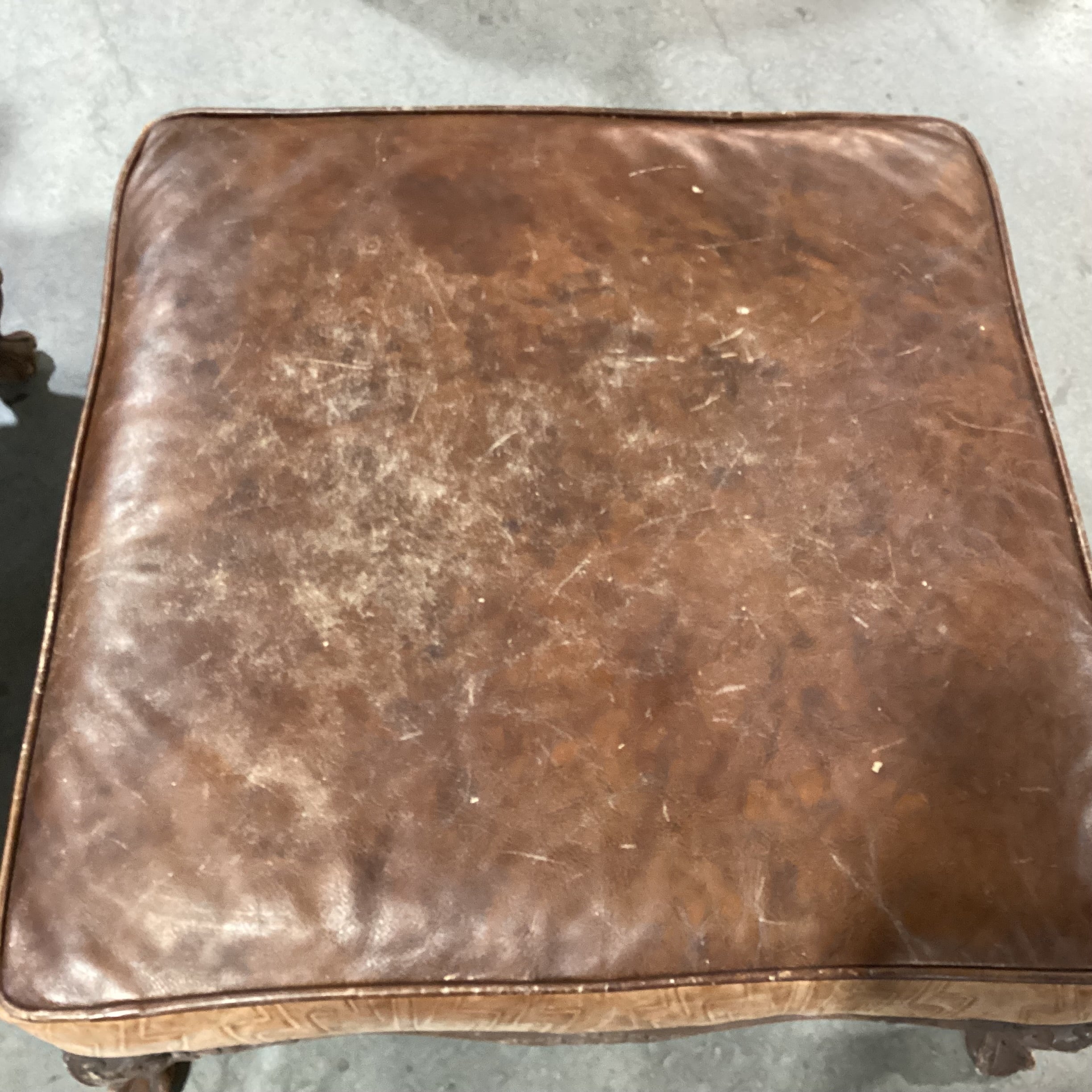 Old Hickory Tannery 2 Tone & Embossed Leather Nailhead Ornate Carved Wood with Ottoman Chair 38"x 36"x 37.5"