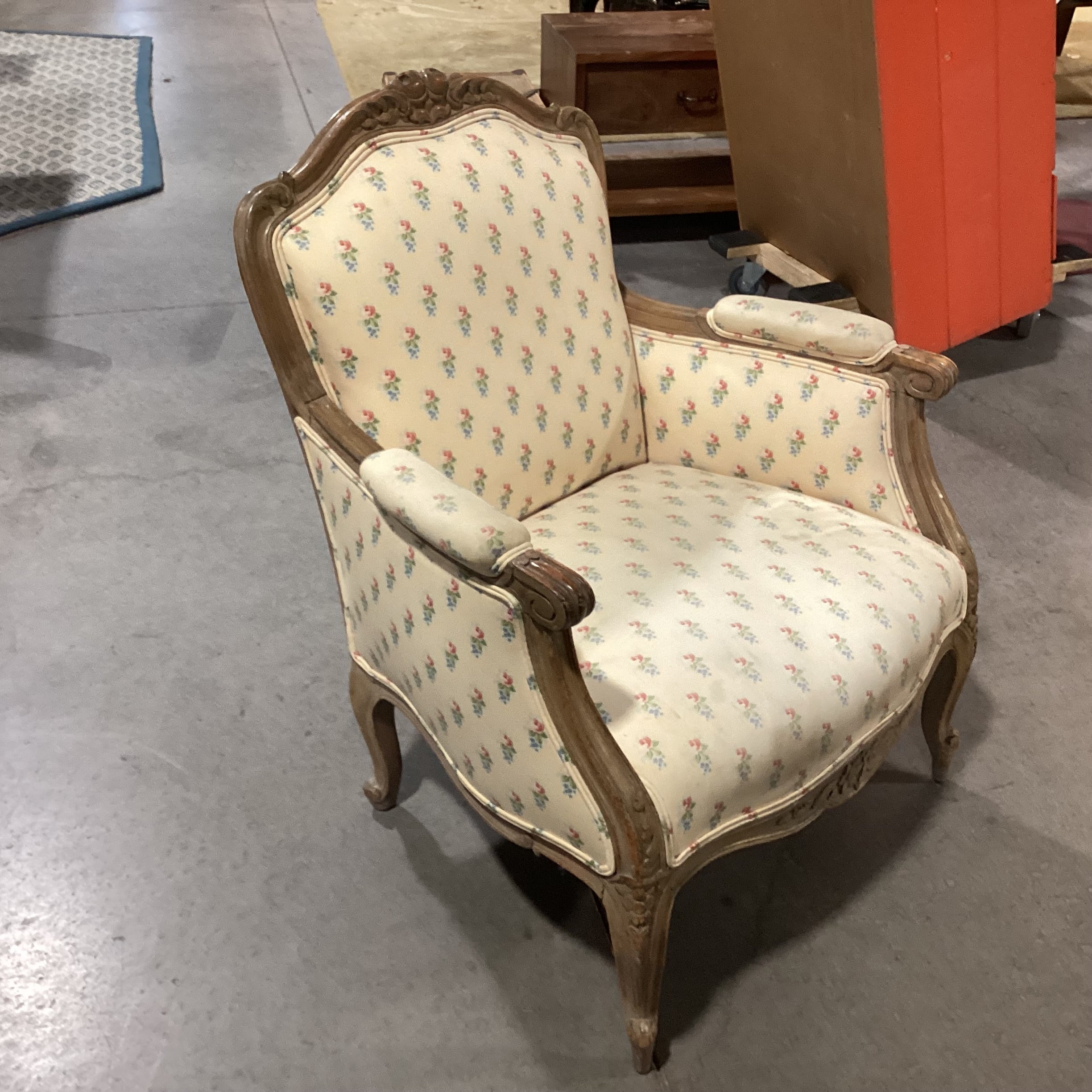French Provincial Style Carved Wood with Yellow Floral Chair 29"x 26"x 35'