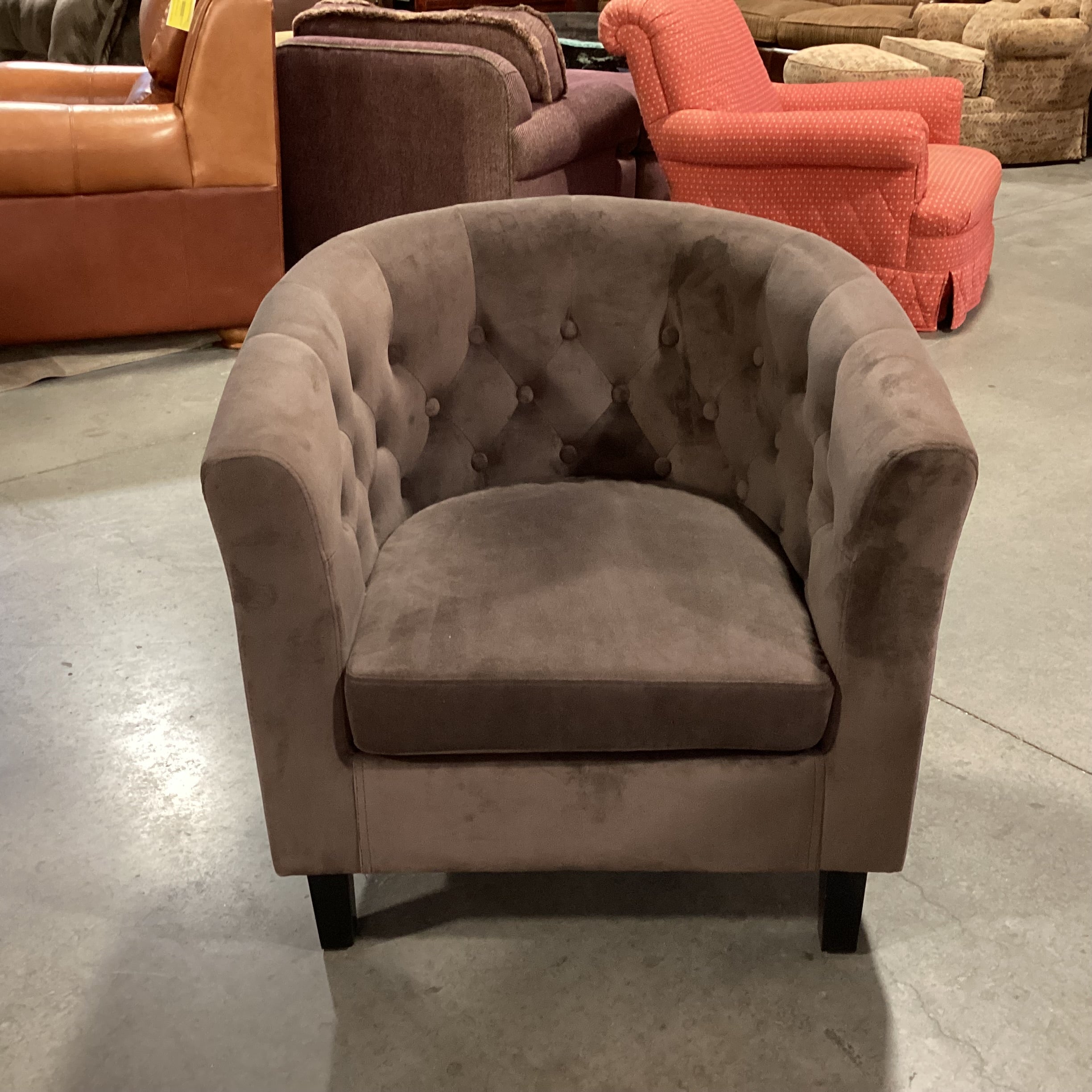 Taupe Brown Plush Velvet Button Tufted Barrel Chair 30"x 28"x 30"