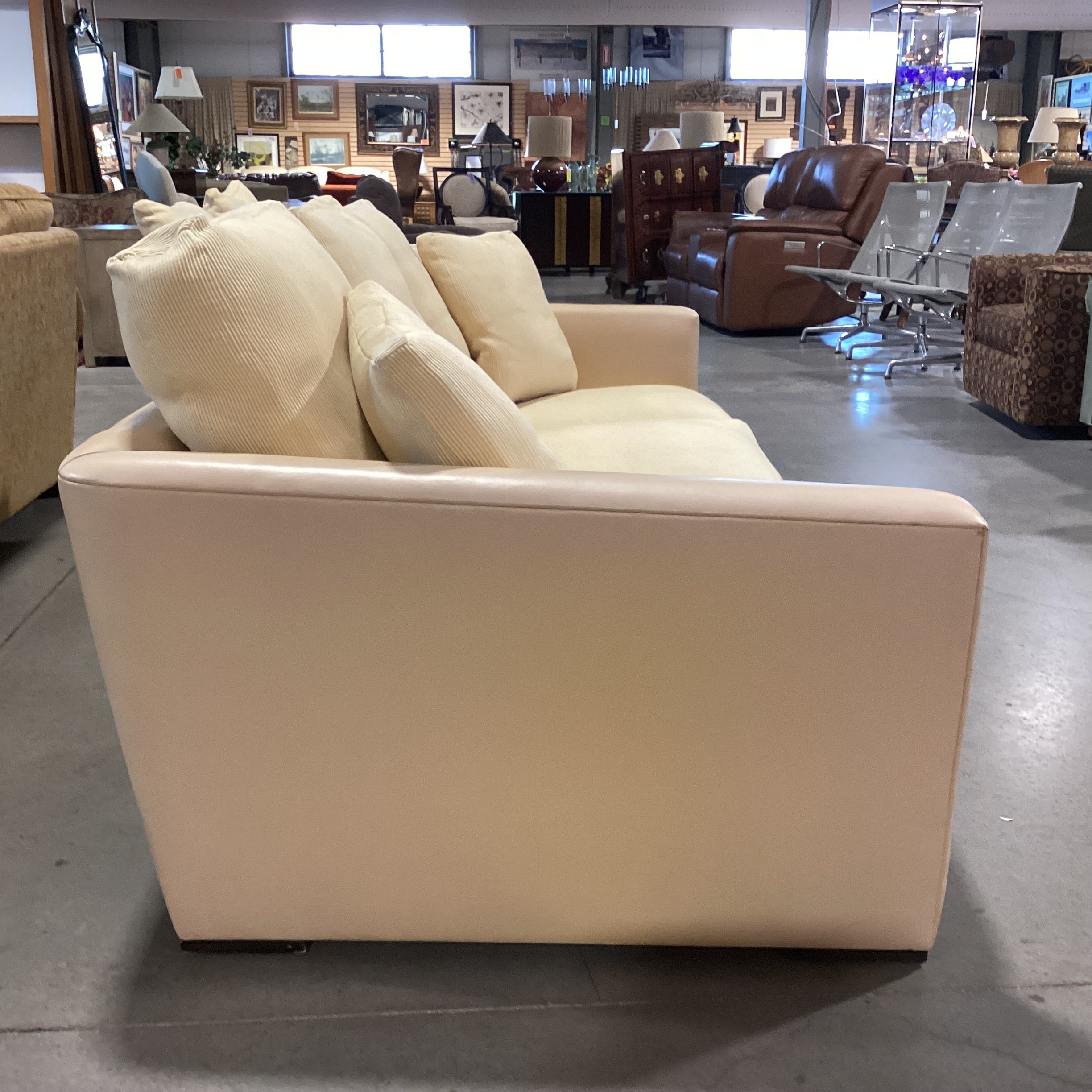 Gina B Custom Blonde Leather & Ribbed Upholstery Down Mix Sofa 90"x 42"x 26"