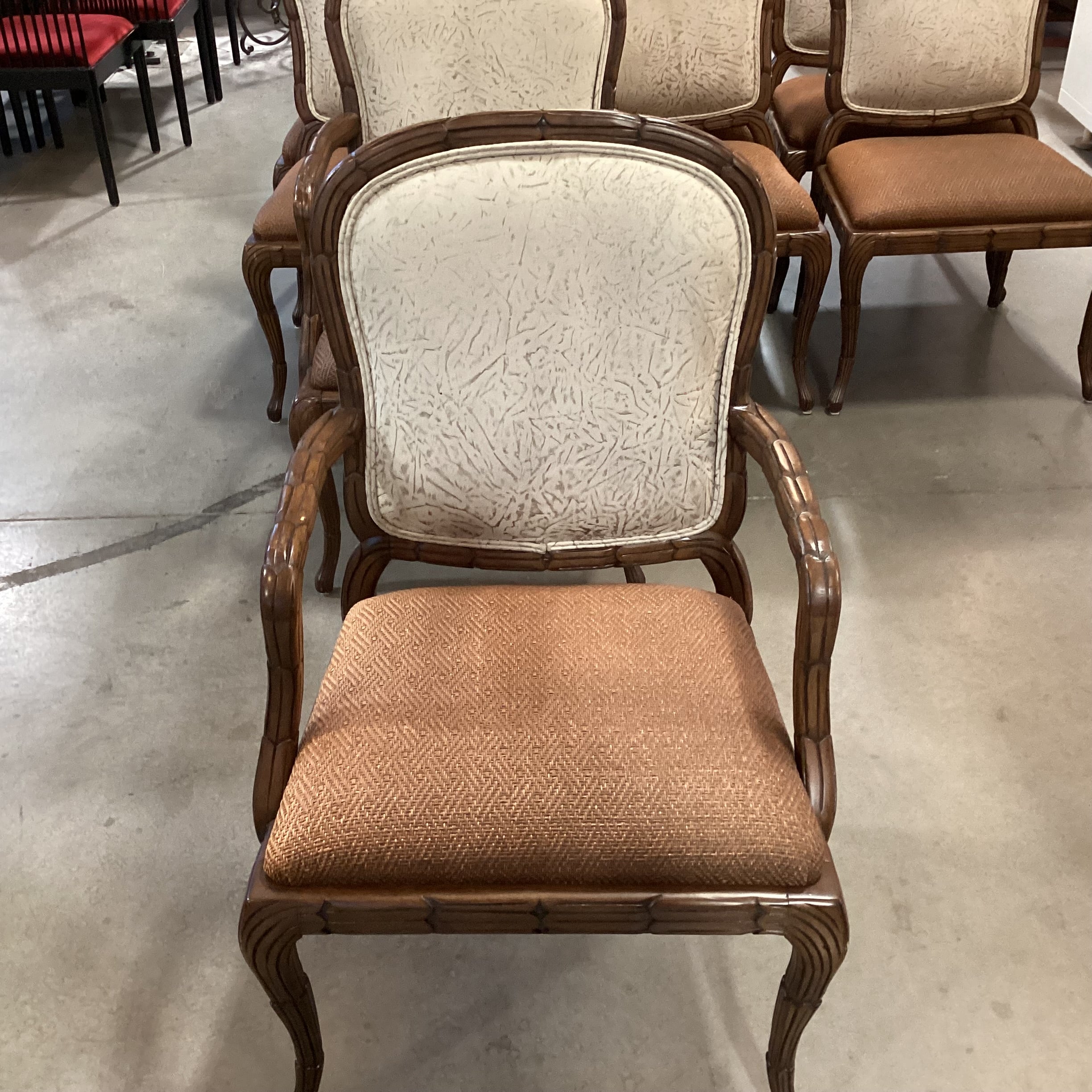 SET of 8 Ornate Carved Wood with Leather  Woven Seat & Suede Back Dining Chairs 24"x 22"x 40"