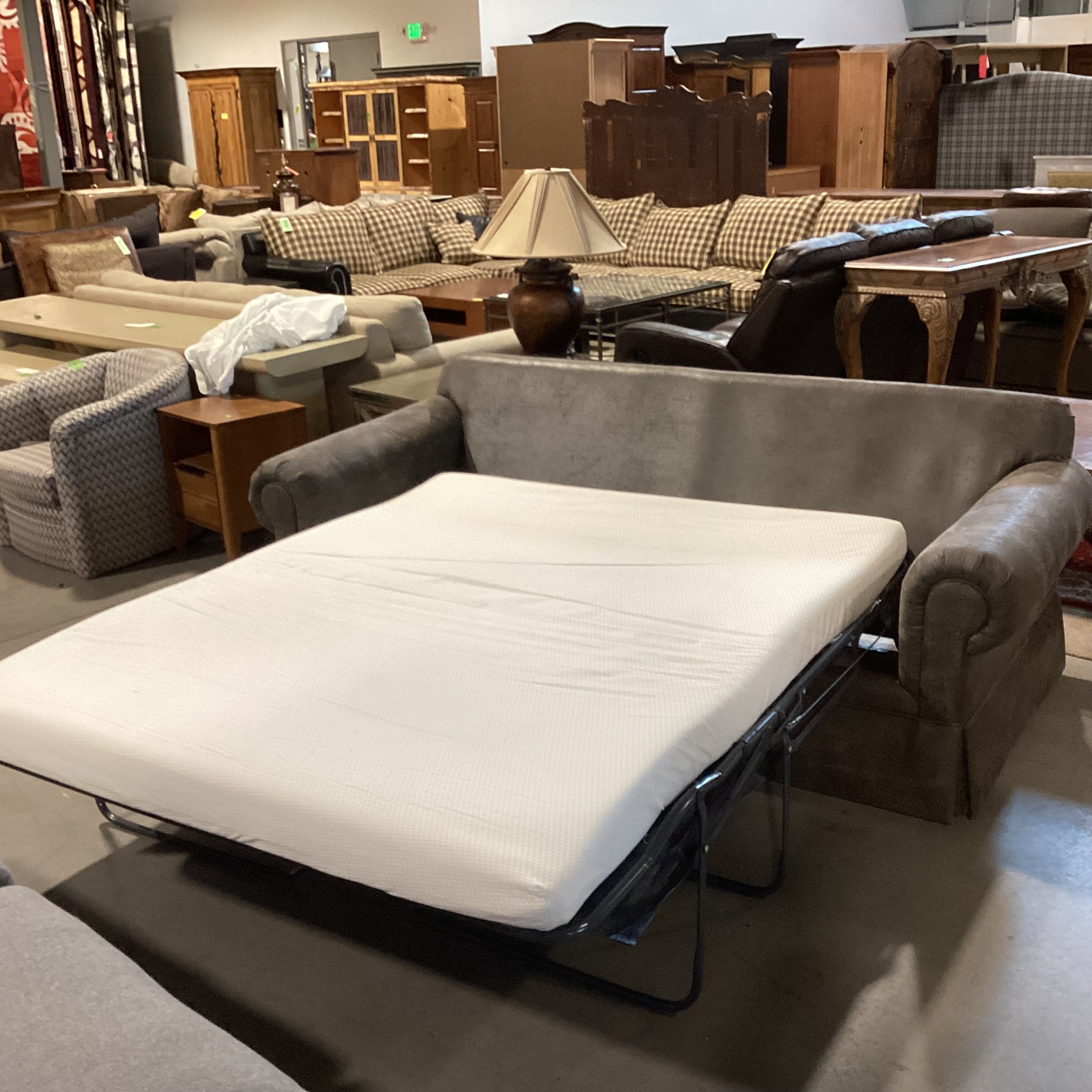 Grey Brown Textured ultra Suede & Down Fill Queen Sleeper Sofa 87"x 39"x 32"