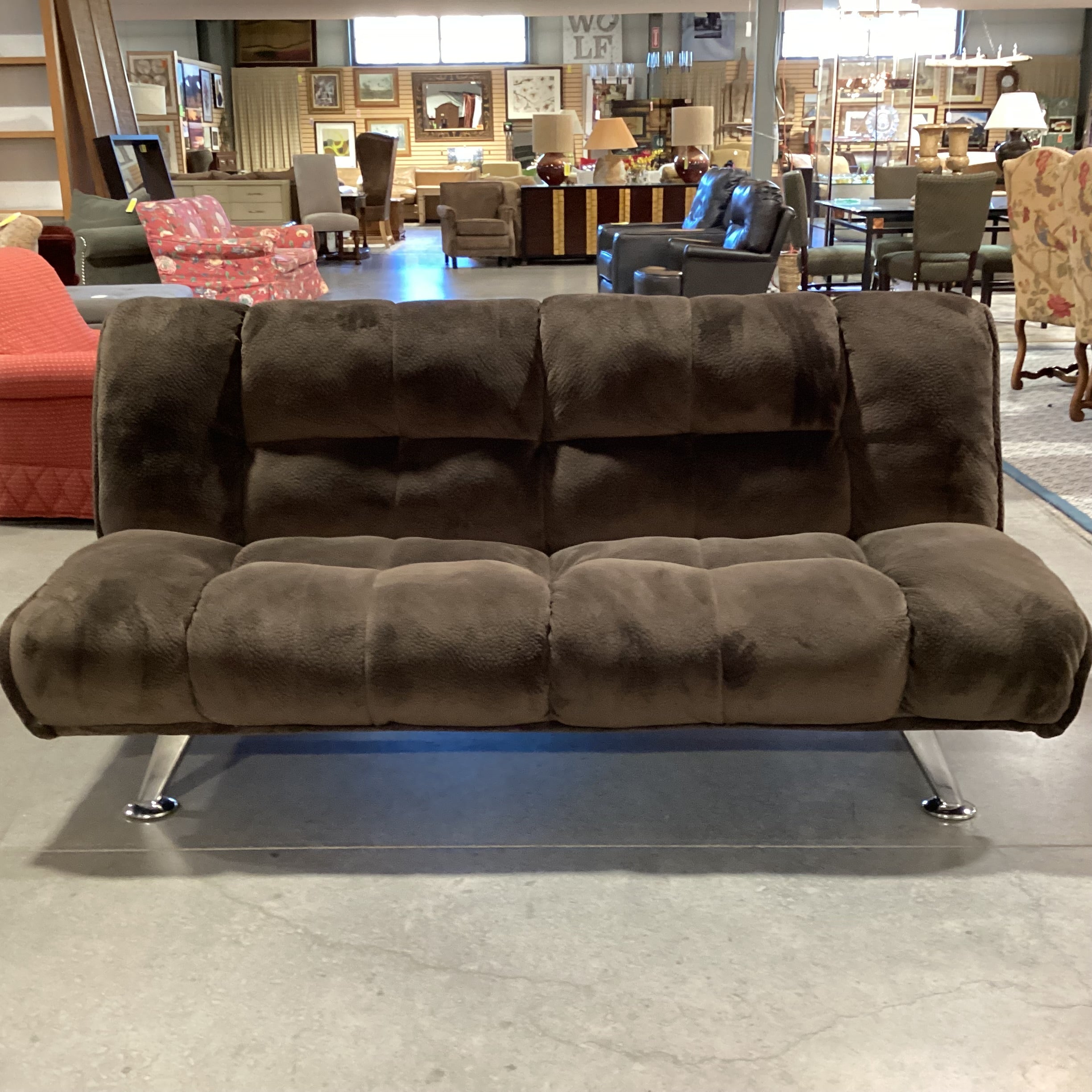 Brown Pillow Plush with Chrome Legs Futon Sofa 76"x 34" to 48"x 35"