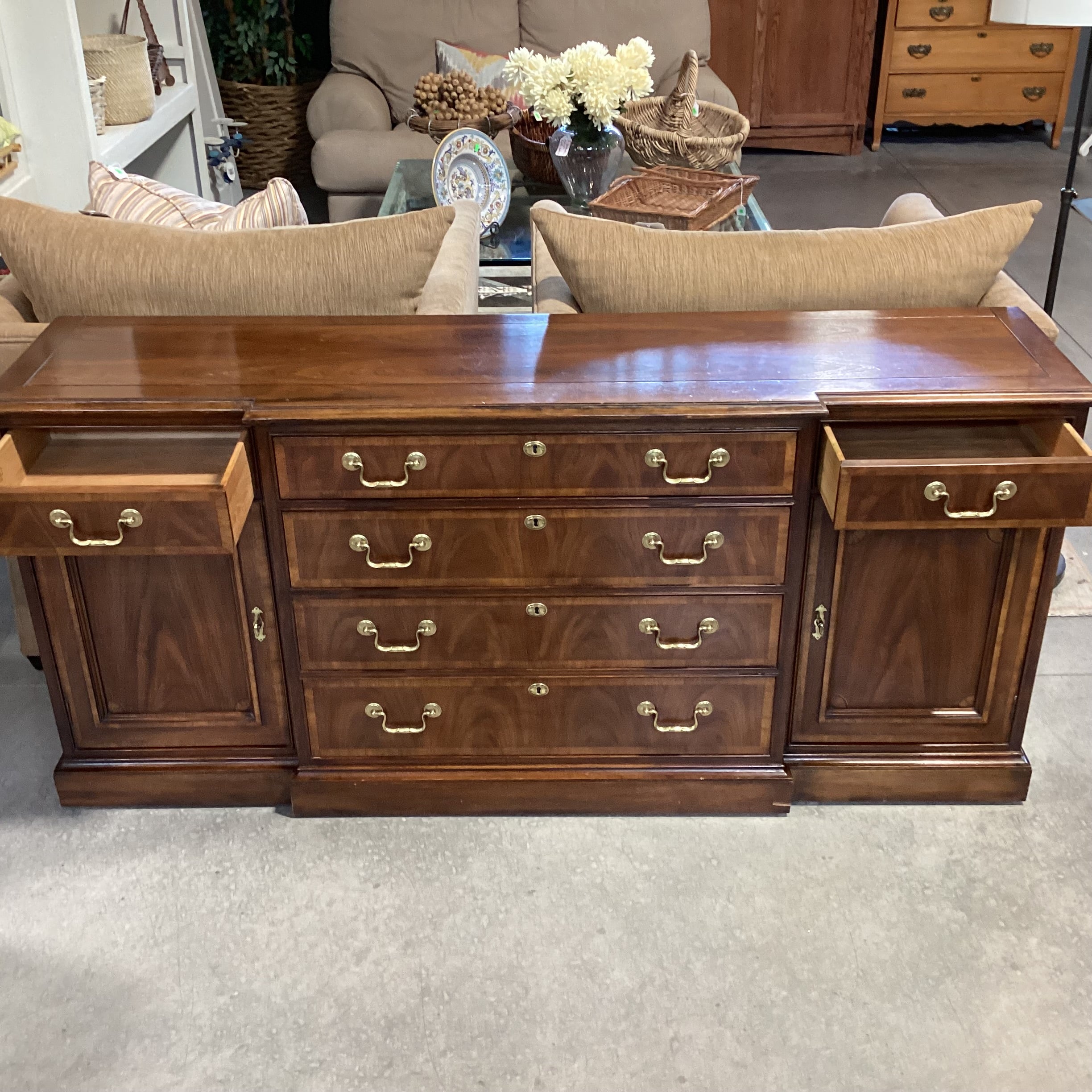 White Fine Furniture & Veneer with Finished Wood Brass Accents 6 Drawer 2 Door With Shelves Credenza 70.5"x 17.5"x 32.5"