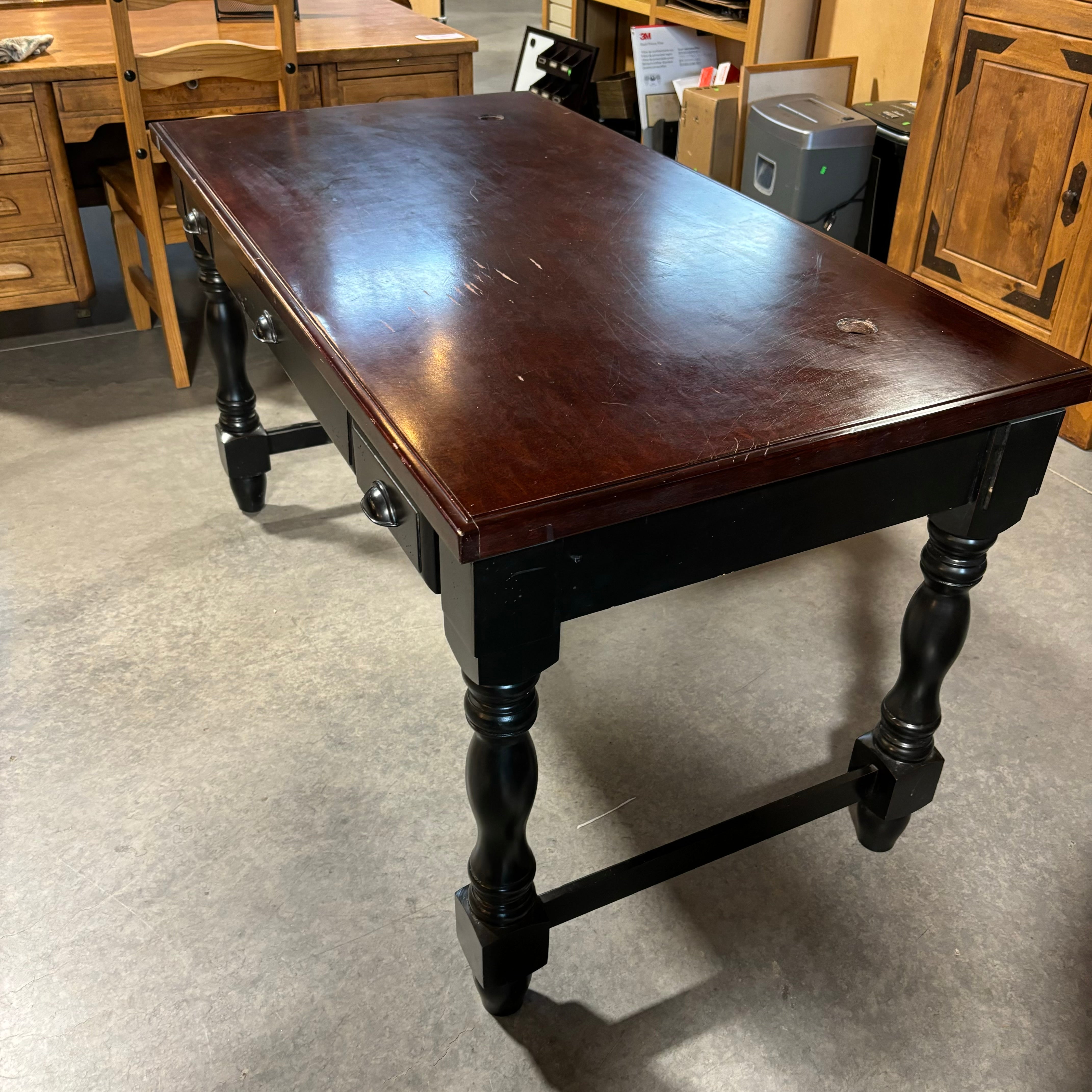Dark Cherry Finish Top with Solid Black Wood Base 2 Drawer & Center Pullout Desk 58"x 30"x 31"