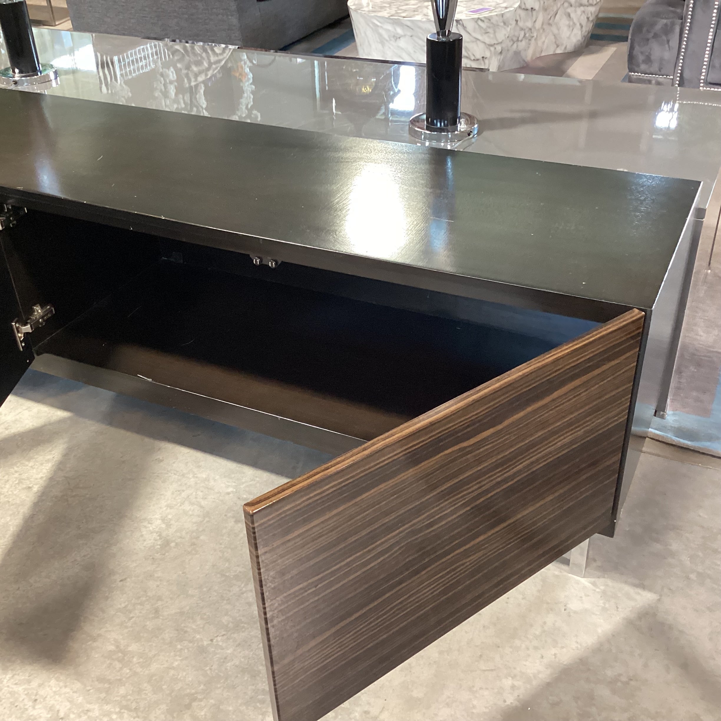 Modern Lacquered Macassar Ebony Veneer 4 Door Console Credenza 94"x 18.5"x 21.5"